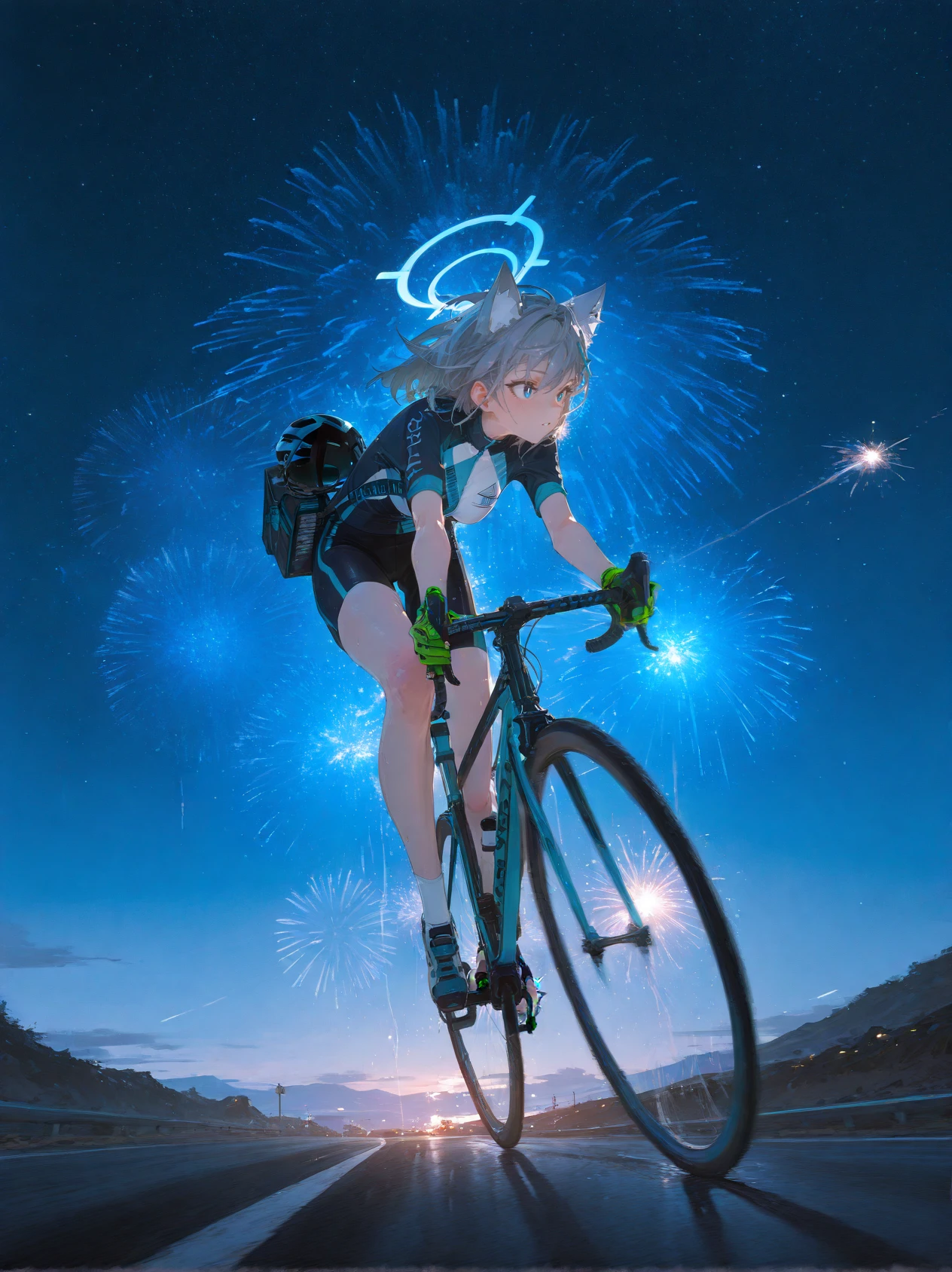 masterpiece, best quality, newest, very awa,  road bicycle,  1girl, solo, full body, riding bicycle, bike shorts, bicycle helmet, shiroko \(cycling\) \(blue archive\), dark blue theme, dynamic pose from below, starry night, falling star, fireworks, dino \(dinoartforame\), shinkawa youji, movie poster <lora:road-cycling-v2-8-illustrious:0.95>