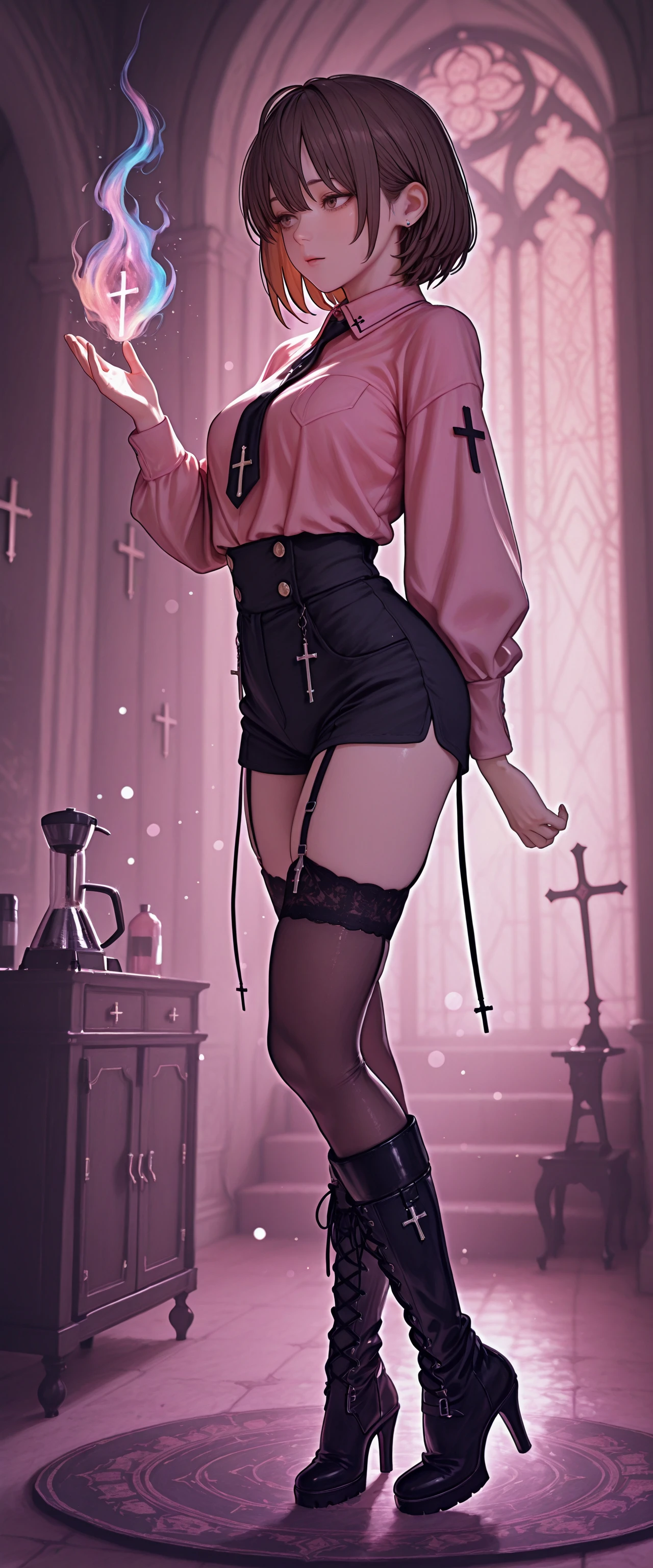 absurdres, high_quality, newest, incredibly_absurdres, very aesthetic, film_grain, blurry_background, bokeh, grainy_texture, blender_\(artwork\), zbrush_\(artwork\), raytraced, volumetric_lighting, digital_painting_\(artwork\), amazing_background, realistic, (colorful_theme, vibrant), 3D, glint, magic, aura
UFD-Illu, marse_\(rokudaime\), solo, solo_focus, shorts, high heel boots, black necktie, cross, brown eyes, pink shirt, high heels, short hair, garter straps, full body, thighhighs