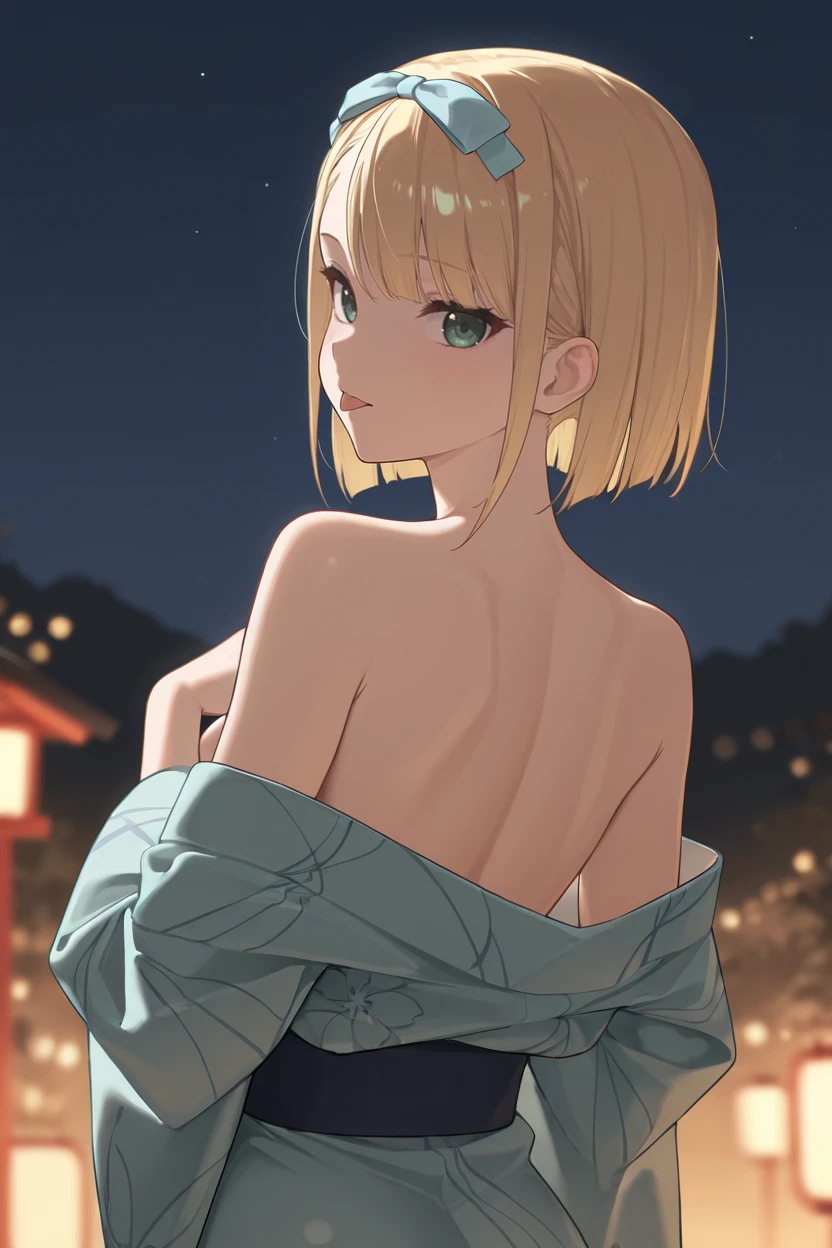 masterpiece, best quality, very aesthetic, newest, absurdres, highres,
1girl, solo,
<lora:SaitoNicoleIllustriousV1:1> saitonicole, blonde hair, short hair, asymmetrical bangs, green eyes, bow hairband,
kimono,  shoulders, night sky, , looking at viewer, tongue out,
