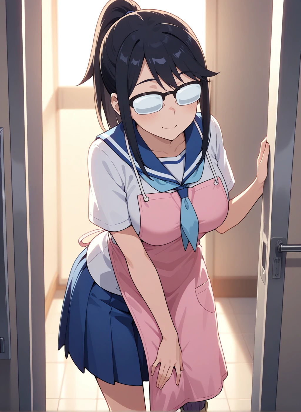 High quality,Ultra detailed,best quality,insanely detailed,beautiful,perfect lighting,masterpiece,highres,absurdres,very aesthetic,very awa,sensitive BREAK
<lora:oono_makoto_V1_IL:1>,(oono makoto, houkago teibou nisshi, black hair, long hair,medium breasts, opaque glasses,ponytail, ),(summer uniform,sailor collar,neckerchief, white shirt,short sleeves, blue skirt, pleated skirt, socks,boots),1girl,solo,smile,looking_at_viewer,posing,indoors,apron,upper body,