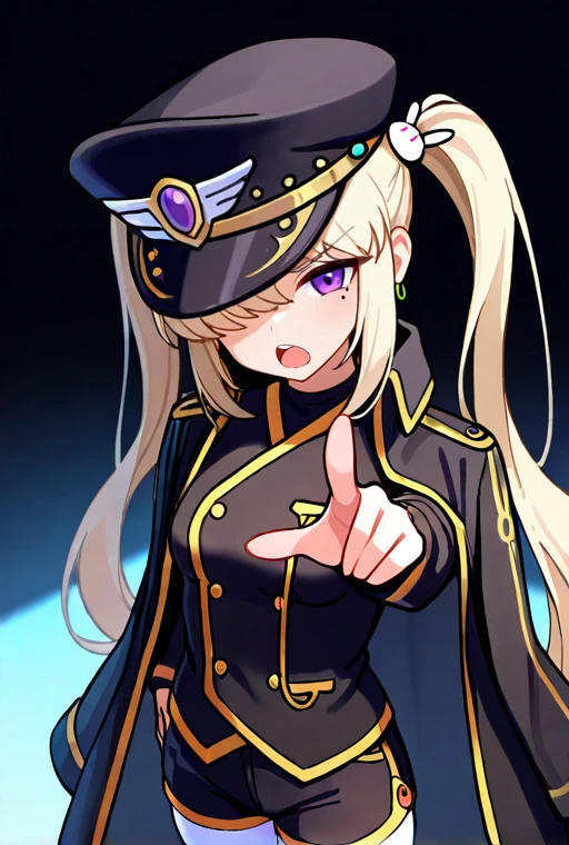 masterpiece, High quality, Ultra detailed, 2d, newest, absurdres, highres, BREAK
1girl, solo, <lora:Orchid:0.8>, orchid_(maplestory), very long hair, twintails, blonde hair, rabbit hair ornament, sidelocks, purple eyes, mole under eye, earrings, military hat, black headwear, hat_over_one_eye,
small breasts, orchiddef, long sleeves, military uniform, jewelry, black coat, black short shorts, white thighhighs, black footwear, boots, black jacket, jacket on shoulders,
upper body, open mouth, pointing at viewer,