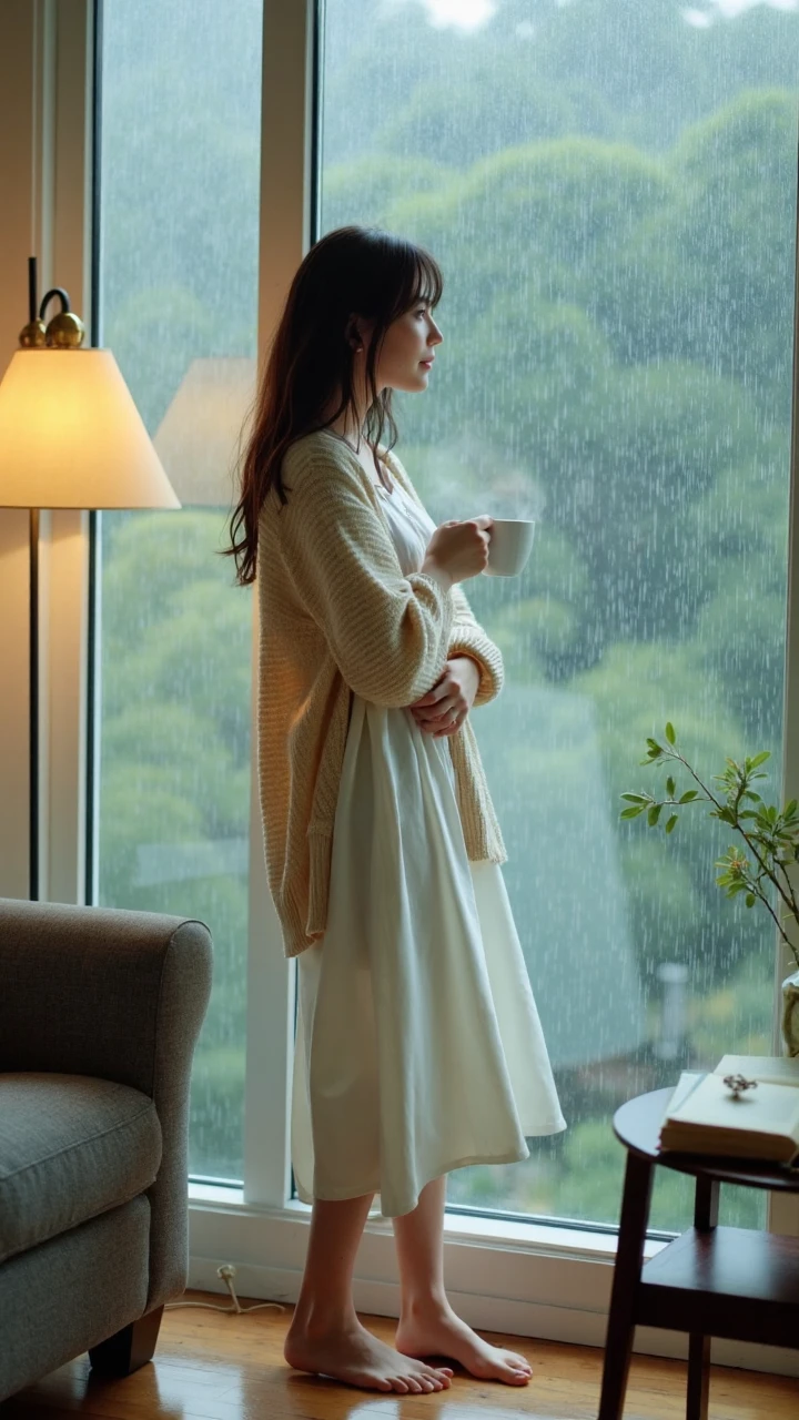 The model is wearing a loose-fitting white cotton shirt dress paired with a light beige knitted cardigan. The hem of the dress naturally flows and drapes down to the calves, creating a casual and relaxed vibe. Her slightly damp long hair falls naturally over her shoulders, with strands faintly carrying the misty air of post-rain, appearing soft and authentic. She either hugs herself while leaning against the window, gazing at the curtain of rain, sits cross-legged on the windowsill holding a steaming cup of coffee, or stands barefoot on the wooden floor, reaching out to touch the window glass. Her expression is calm with a hint of melancholy, her eyes gentle and profound, fully immersed in the unique sentimental and soft atmosphere of a rainy day, exuding a literary charm in her every gesture.
The setting is arranged in a minimalist interior space, with large floor-to-ceiling windows serving as a significant element of the scene. Outside the window is a dense curtain of rain, with droplets winding down the glass and tracing hazy water marks. The indoor lighting is soft and layered, with a brass floor lamp emitting a warm yellow glow. Near the window, there's a gray fabric sofa and a dark wooden coffee table, casually adorned with a few open books, a coffee cup, and some greenery. The overall scene employs a mix of cool and warm tones, emphasizing the texture of rainy days. The interplay of reflections on the glass and the refraction of raindrops creates a dreamy, misty visual effect, presenting a unique indoor ambiance for a rainy day.
