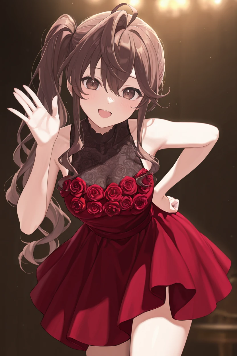 masterpiece, best quality, very aesthetic, newest, absurdres, highres,
1girl, solo,
 <lora:TodaJunIllustriousV1:1> todajun, brown hair, long hair, wavy hair, ahoge, hair between eyes, side ponytail, brown eyes,
hand on hip, palm waving, leaning forward, dancing, open mouth, smile,
 <lora:MiniRoseDressILL:0.8> rose, dress