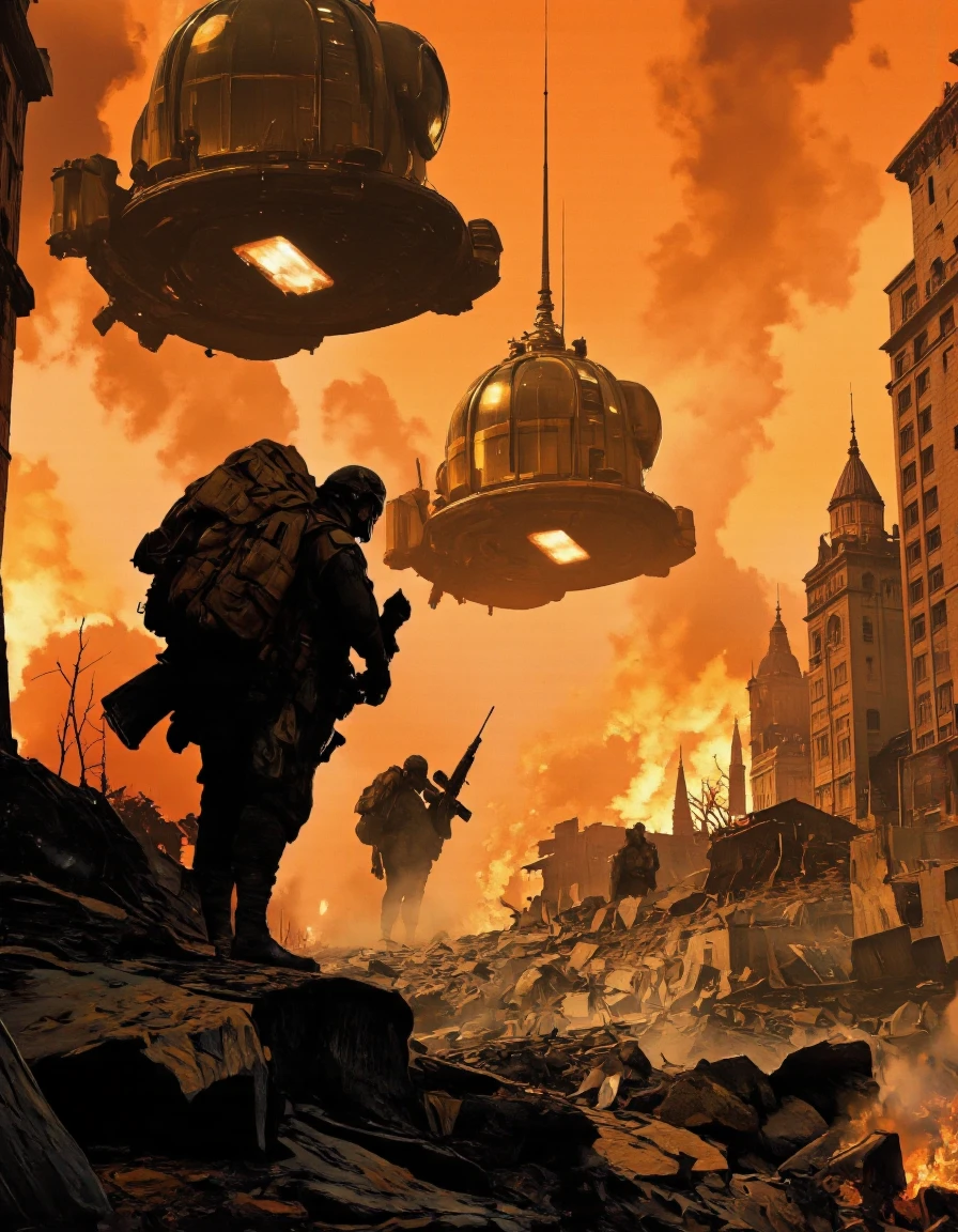 Art by Ronan Le Fur. A digital illustration shoot from a low angle, about a post-apocalyptic scene featuring silhouettes of soldiers and futuristic vehicles in a fiery orange sky. the scene depicts a soldier standing on a rocky terrain, wearing a gas mask and carrying a large backpack, with a futuristic spaceship flying overhead. the soldier is positioned in the center of the image, facing away from the viewer, and appears to be in a defensive stance, holding a rifle. in the background, two other soldiers can be seen in the distance, also wearing gas masks and carrying backpacks. the cityscape below is destroyed, with buildings and debris scattered throughout, and the sky is filled with orange hues, giving the scene a dramatic and intense atmosphere. the overall mood of the scene is tense and ominous, with the soldiers and spaceship standing out against the fiery backdrop.