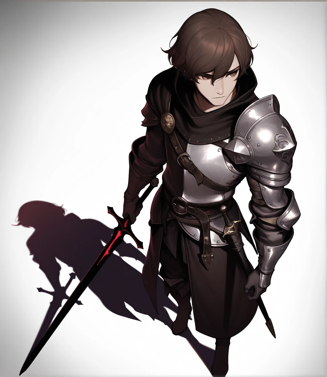 (masterwork, masterwork, Dramatic light, harsh shadows, dark ambiance, vivid colors, light and shadows), <lora:oc-style-IL:1>, oc-style, 1boy, solo, from above, simple background, brown hair, gloves, white background, brown eyes, full body, weapon, male focus, boots, sword, armor, shoulder armor, high quality, masterpiece