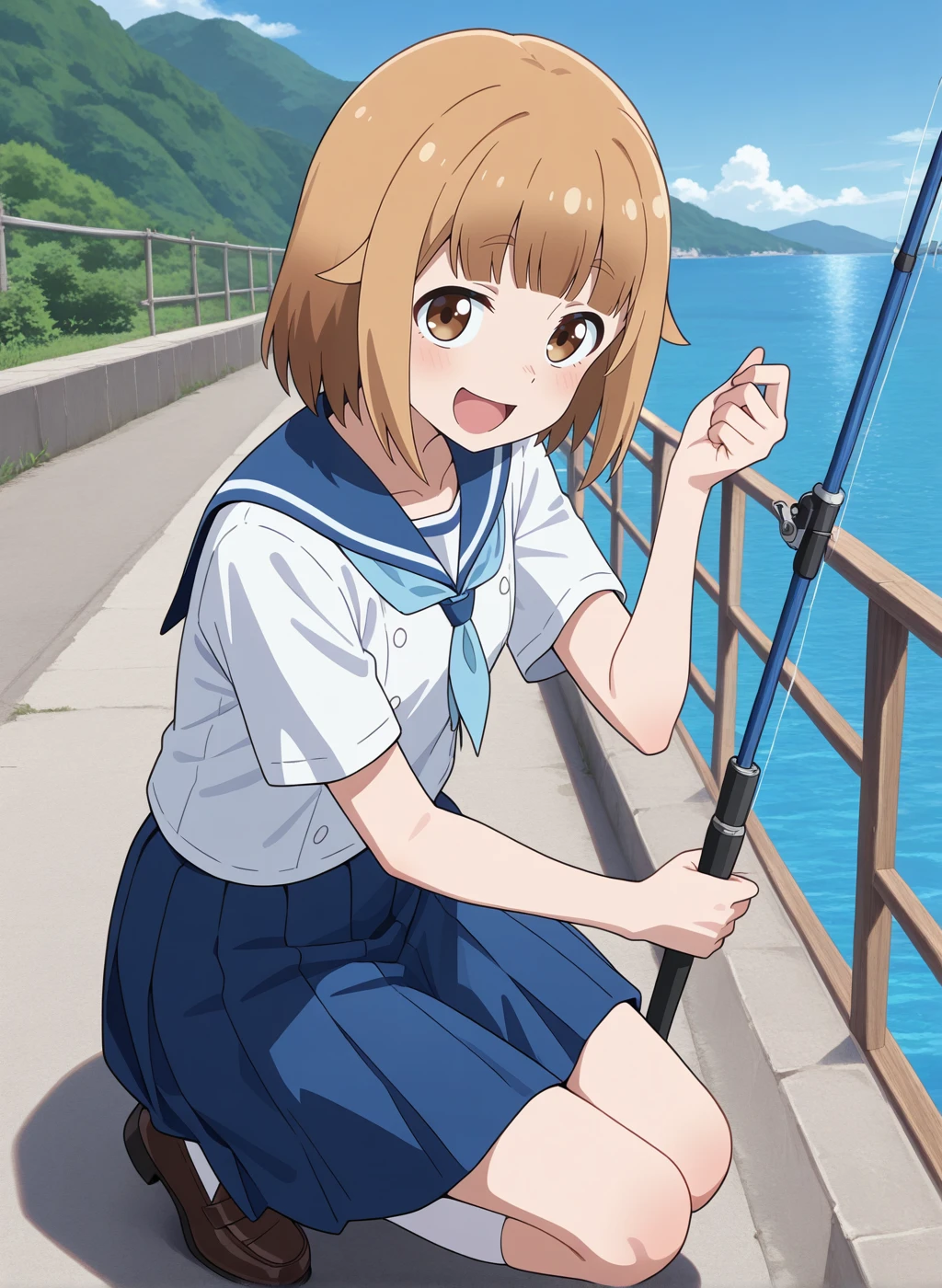 High quality,Ultra detailed,best quality,insanely detailed,beautiful,perfect lighting,masterpiece,highres,absurdres,very aesthetic,very awa,sensitive BREAK
<lora:tsurugi_hina_V1_IL:1>,(tsurugi hina, houkago teibou nisshi, short hair, brown hair, brown eyes, bangs),(summer uniform,sailor collar,neckerchief, white shirt,short sleeves, blue skirt, pleated skirt, white socks,loafers),1girl,solo,laughing,looking_at_viewer,posing,day,outdoors,sea,holding fishing rod,