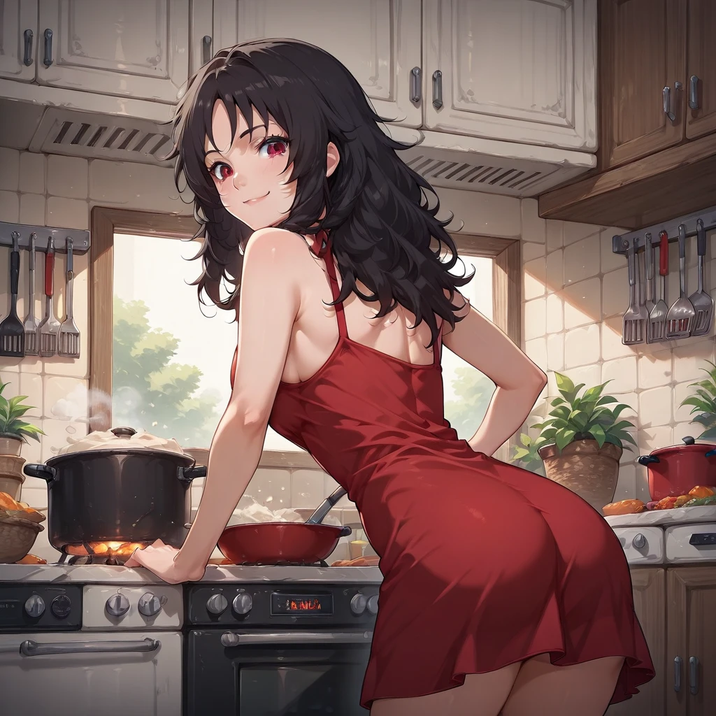 (small breasts:1.2), (perky chest:1.1), (pointed chest:1.0), (cooking magazine cover:1.3),(from above:1.2),(from side:0.9),masterpiece, 1girl, Amazing Cleavage:1.1, thin waist, big ass, Raised sexy, small breast: 1.2, posed cleavage:1.2、solo, open mouth, have a cute grass of cute beergrass,black hair, dark green eyes, dress, bare shoulders, jewelry, collarbone, sidelocks, hairband, earrings, indoors, off shoulder, sweater, arms behind back, plant, short hair with long locks, gild hairband, sweater dress:1.2, off-shoulder sweater, red sweater, dark gord hair, big side hair, very long side hair,is rendered in (masterpiece: 1.2, best quality), with (ultra high resolution) and an exquisite (depth of field). This masterpiece is not only visually stunning but also tells,A scene of cooking in the kitchen by classroom ,looking at viewer,
