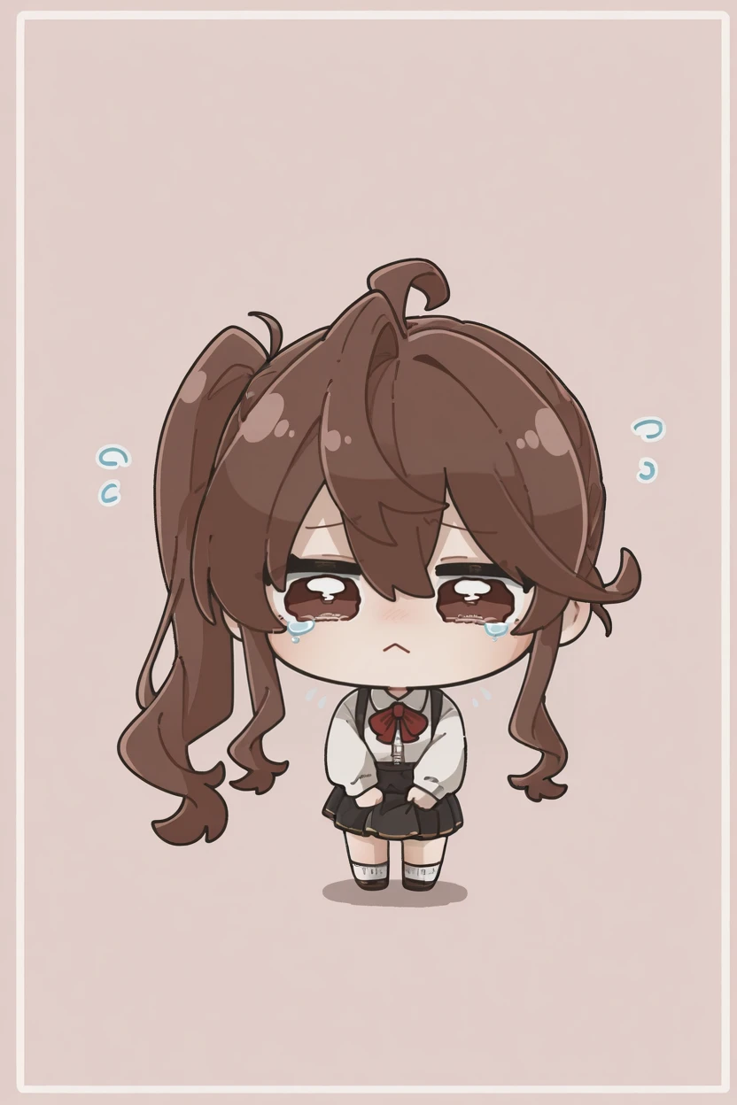 masterpiece, best quality, very aesthetic, newest, absurdres, highres,
1girl, solo,
<lora:TodaJunIllustriousV1:1> todajun, brown hair, long hair, wavy hair, ahoge, hair between eyes, side ponytail, brown eyes,
tears, crying with eyes open, :<, grabbing own skirt, drawn drops, simple background, outside border,
<lora:Arikuigames1105IllustriousV1:1> arikuigames1105, chibi, full body