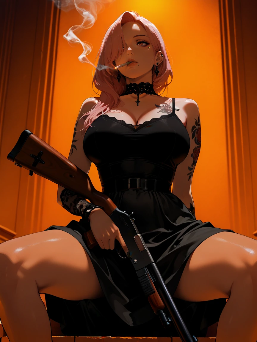 masterpiece, best_quality, amazing quality, newest,
fine art illustration, 2d.
1girl, beautiful woman, 20year old, mature female, (goth girl), looking away, (expressionless, side face), pink hair, hair over one eye, large breasts, wide hip, shoulder red doragon tattoo, wearing a black camisole, goth fashion, eyelid piercing, sitting on step, spread legs, smoking, cigarette, blow smoke from mouth, holding a shotgun, pump action, dark orange room background, (smoke around woman), Low-key lighting Style,
simple orange background,
clear color grading, orange theme, adaptation of color design rules.
shoot from below, waist shot, dutch angle.
<lora:Style-Hyper-SDXL-12steps-CFG-lora:0.5>
<lora:add_brightness_XL:-0.2>
<lora:add_contrast_XL:0.>
<lora:add_outline_XL:-0.1>
<lora:add_saturation_XL:0.>
<lora:darkness_xl_v20:0.3> dark, darkness,