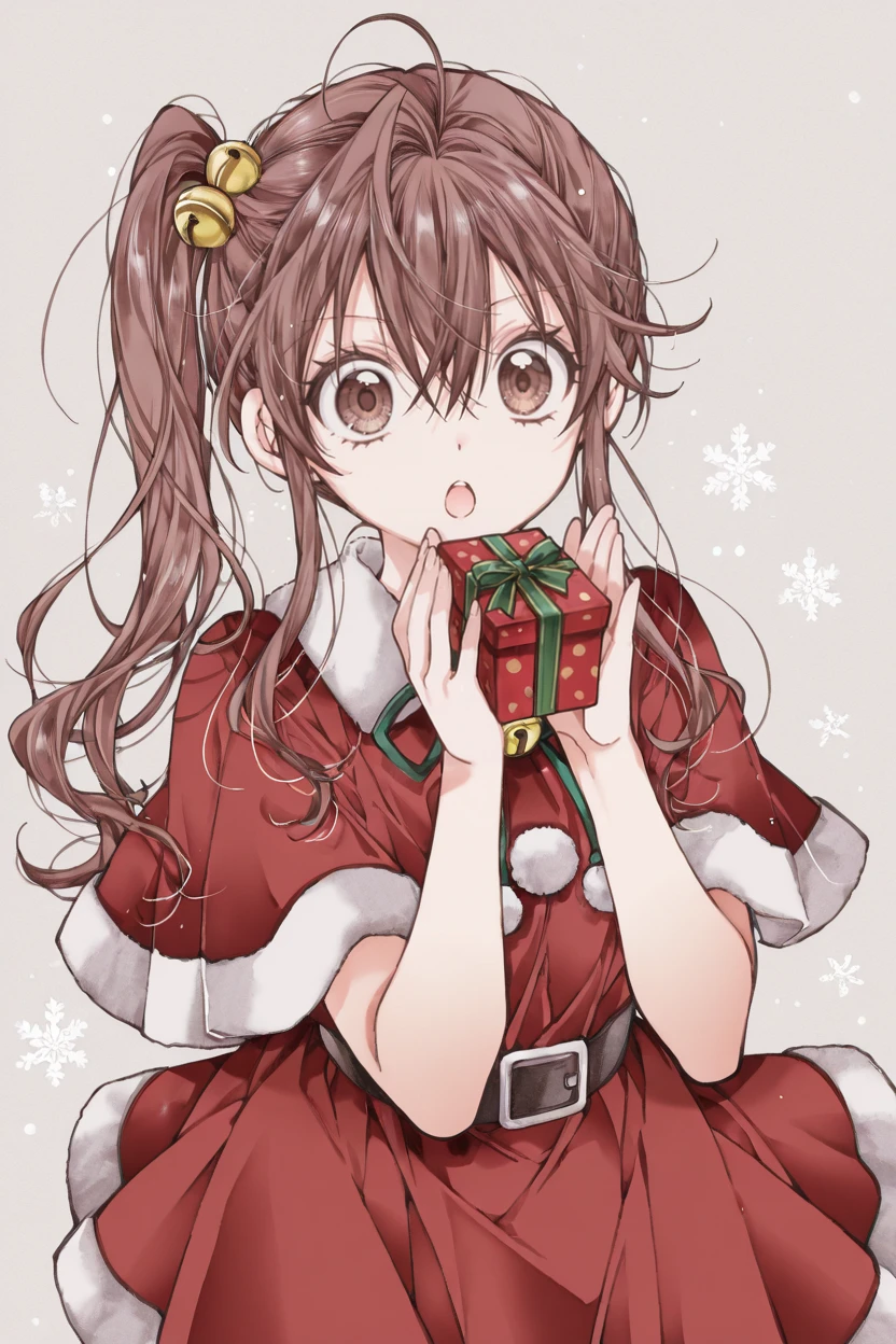 masterpiece, best quality, very aesthetic, newest, absurdres, highres,
1girl, solo,
 <lora:TodaJunIllustriousV1:1> todajun, brown hair, long hair, wavy hair, ahoge, hair between eyes, side ponytail, brown eyes,
santa costume, open mouth, open mouth, palms, jingle bell, gift box, snowflake background,
<lora:TanemuraArinaIllustriousV1:1> tanemura arina