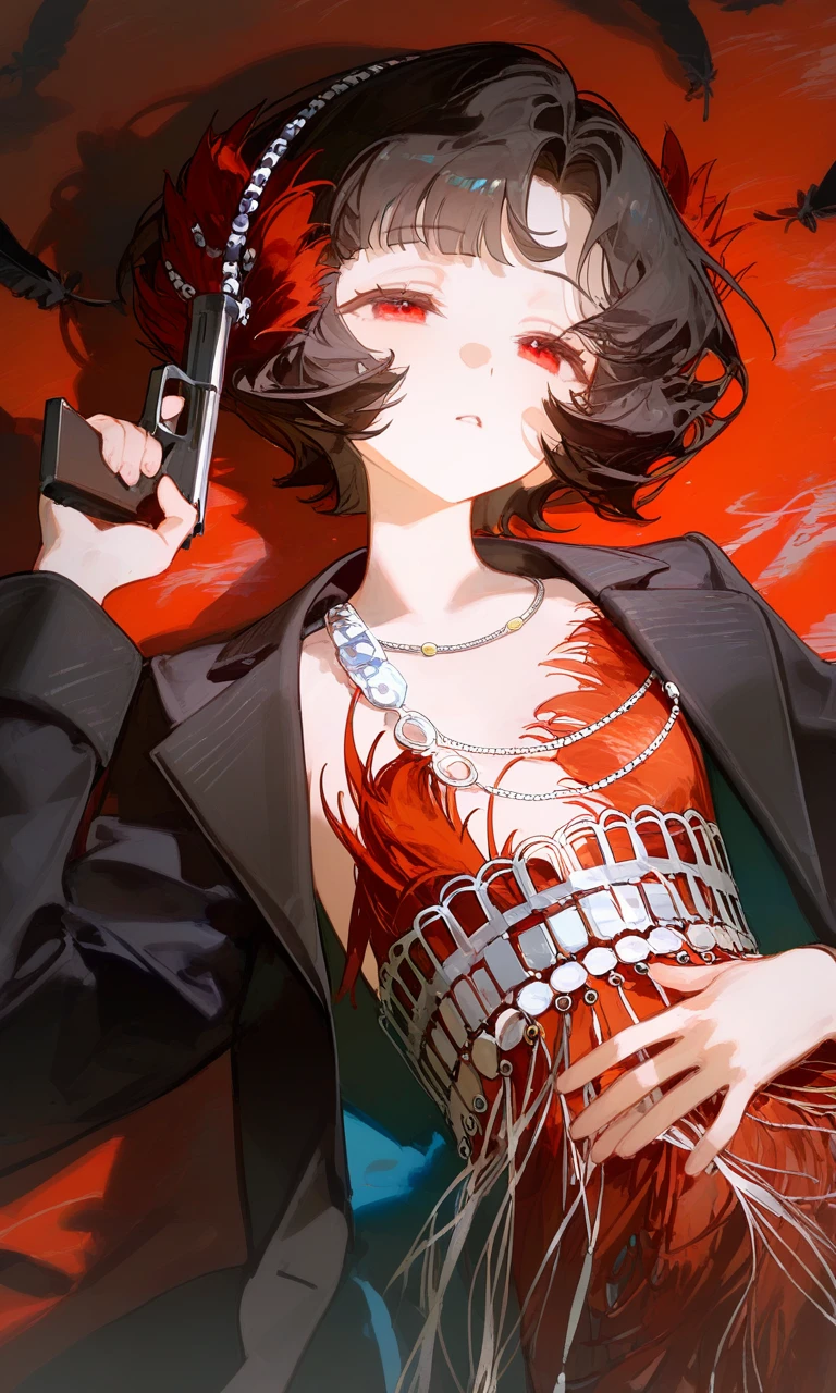 very awa, 1girl, schneider \(reverse:1999\), suzumi \(ccroquette\), redum4, koujuan, ruoganzhao, abstract, dutch angle, from above, black hair, black jacket, half-closed eyes, red eyes, feathers, holding gun, hand on own stomach, handgun, jacket, portrait, jewelry, medium hair, lying, on back, necklace, parted lips, solo, feathers background, red background, masterpiece, best quality, good quality, newest