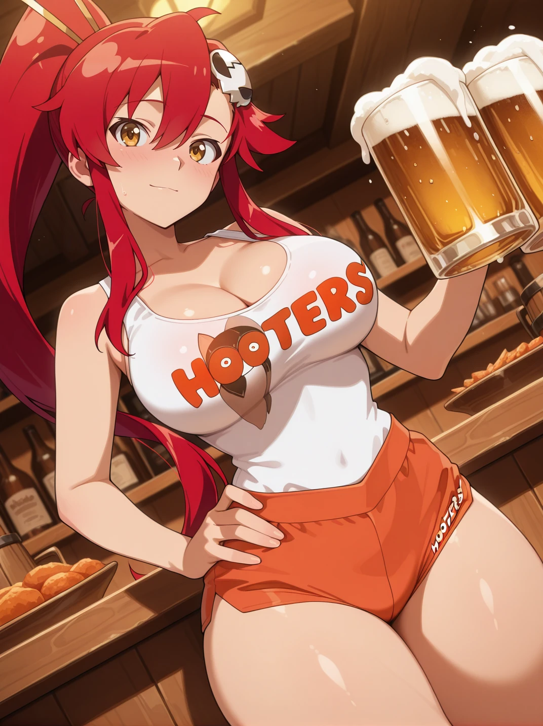 highres, hi res, best quality, masterpiece,, anime coloring,
1girl, (yoko littner:1.1), large breasts, thick thighs, narrow waist, HootersUniform, employee uniform, short shorts, orange shorts, tank top, white shirt, cleavage, nervous, 
light smile, dutch angle, naughty pose, looking at viewer, restaurant, solo, one hand on hips, one hand holding beer mug, portrait, dynamic pose, cowboy shot, head tilt,, 
<lora:ATRex_style-15:0.5>, <lora:illustriousXL_stabilizer_v1.7:0.4>,,  <lora:AHootersUniformXL_Concept-10:0.85>