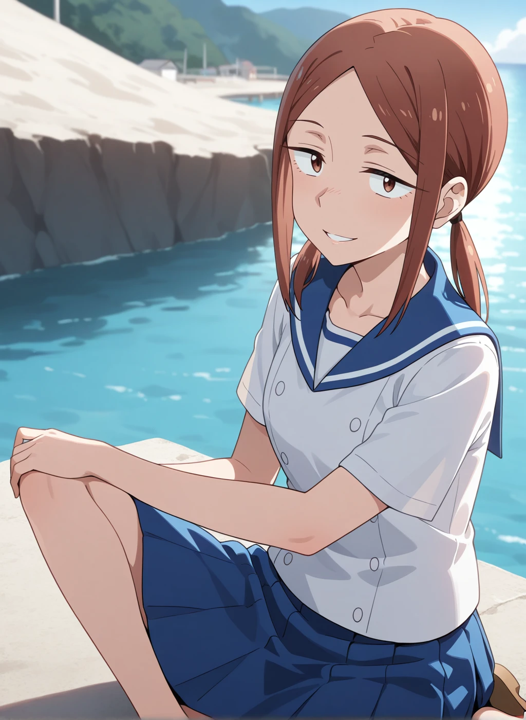 High quality,Ultra detailed,best quality,insanely detailed,beautiful,perfect lighting,masterpiece,highres,absurdres,very aesthetic,very awa,sensitive BREAK
<lora:kuroiwa_yuuki_V1_IL:1>,(kuroiwa yuuki, houkago teibou nisshi, brown hair, brown eyes, medium hair,low twintails, sidelocks),(summer uniform,sailor collar, white shirt,short sleeves, blue skirt, pleated skirt, barefoot,sandals),1girl,solo,smile,parted lips,looking_at_viewer,posing,day,outdoors,sea,upper body,
