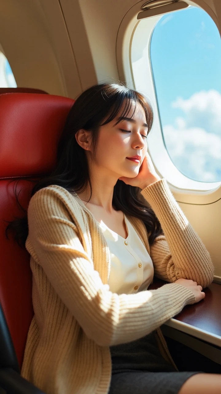 The model is dressed in a beige knitted cardigan paired with a white silk shirt, with a fitted dark gray pencil skirt on the lower body, outlining the elegant silhouette of a professional woman. Her arms are crossed and placed on the small table in front of the seat, her cheek lightly resting on her arm as she sleeps. The knitted cardigan naturally slips off her rounded shoulders, revealing the graceful shoulder and neck lines outlined by the white shirt. Her long black hair is loosely draped, with a few strands playfully falling to the side of her face, reflecting a faint golden glow under the sunlight streaming through the window. Her delicate makeup reveals a hint of fatigue, with long eyelashes casting a soft shadow on her cheeks, and her pale pink lipstick has faded, showing a natural flush.
The shooting angle is chosen from slightly above the rear seat, looking down through the gap between the front seats, creating a voyeuristic sense of private observation. Bright sunlight slants in through the window, casting soft light and shadow layers on her, injecting warmth into the scene. The background is treated with a large aperture blur, turning the airplane cabin into warm color blocks. Outside the window is a bright blue sky dotted with white clouds, forming a harmonious contrast with the warm tones inside. The overall image adopts a bright and fresh color palette, showcasing both the fatigue of an urban professional woman and a touch of poetry and tenderness. The composition places the model at the golden ratio point on the right side of the frame, using the seat's structural framework to guide the viewer's focus to the subject.