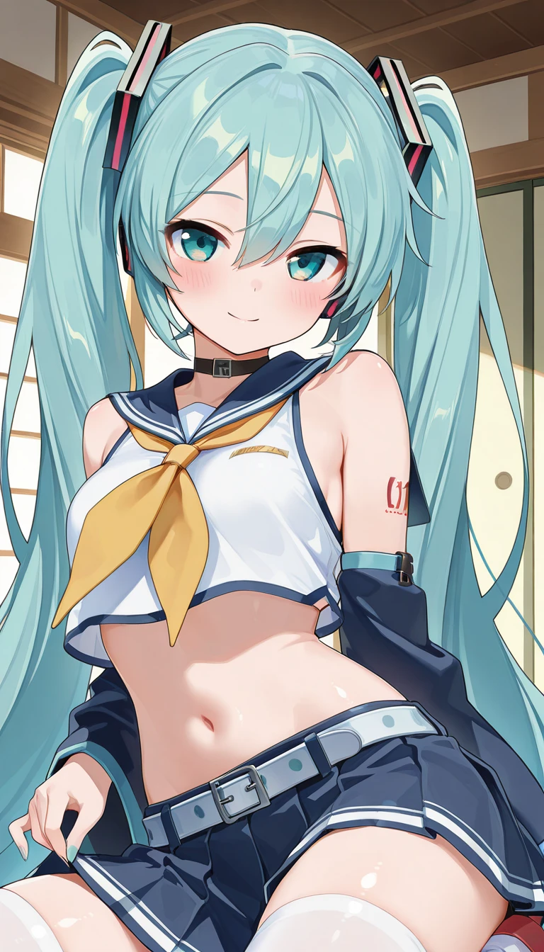 (masterpiece),best quality,amazing quality,very aesthetic,absurdres,newest,perfect body,shiny skin,perfect eyes,detail1eye,well-defined fingers,well-defined fingernails,anime style,indoors,1girl,solo,upper body,(portrait:1.5),looking at viewer,facing viewer,smile,blush,Ayanami uniform,hatsune miku,absurdly long hair,aqua hair,twintails,hair ornament,sidelocks,hair between eyes,parted bangs,aqua eyes,school uniform,black choker,bare shoulders,blue sailor collar,white shirt,sleeveless shirt,crop top,yellow neckerchief,detached sleeves,long sleeves,wide sleeves,breasts,navel,stomach,white belt,miniskirt,blue skirt,pleated skirt,white thighhighs,zettai ryouiki,rudder footwear,<lora:Hatsune Miku(voc)-Illus-Remake:1.6>,<lora:Ayanami uniform(azur)-Illus:1.6>,