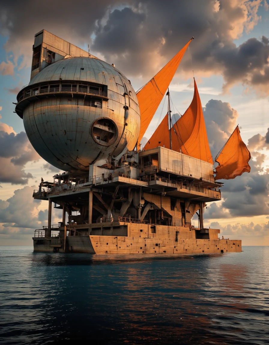 Art by Ronan Le Fur. A digital illustration shoot from a far camera angle about a futuristic, abstract structure floating in the middle of the ocean during sunset. the image also shows dramatic, stormy clouds in the sky and a cloudy sky in the background. on the center of the image, a large, round, metallic structure with a flat top appears to be floating on a wooden platform, partially submerged in the calm ocean water. the structure is surrounded by orange sails that are billowing in the wind, adding a sense of movement and energy to the scene.