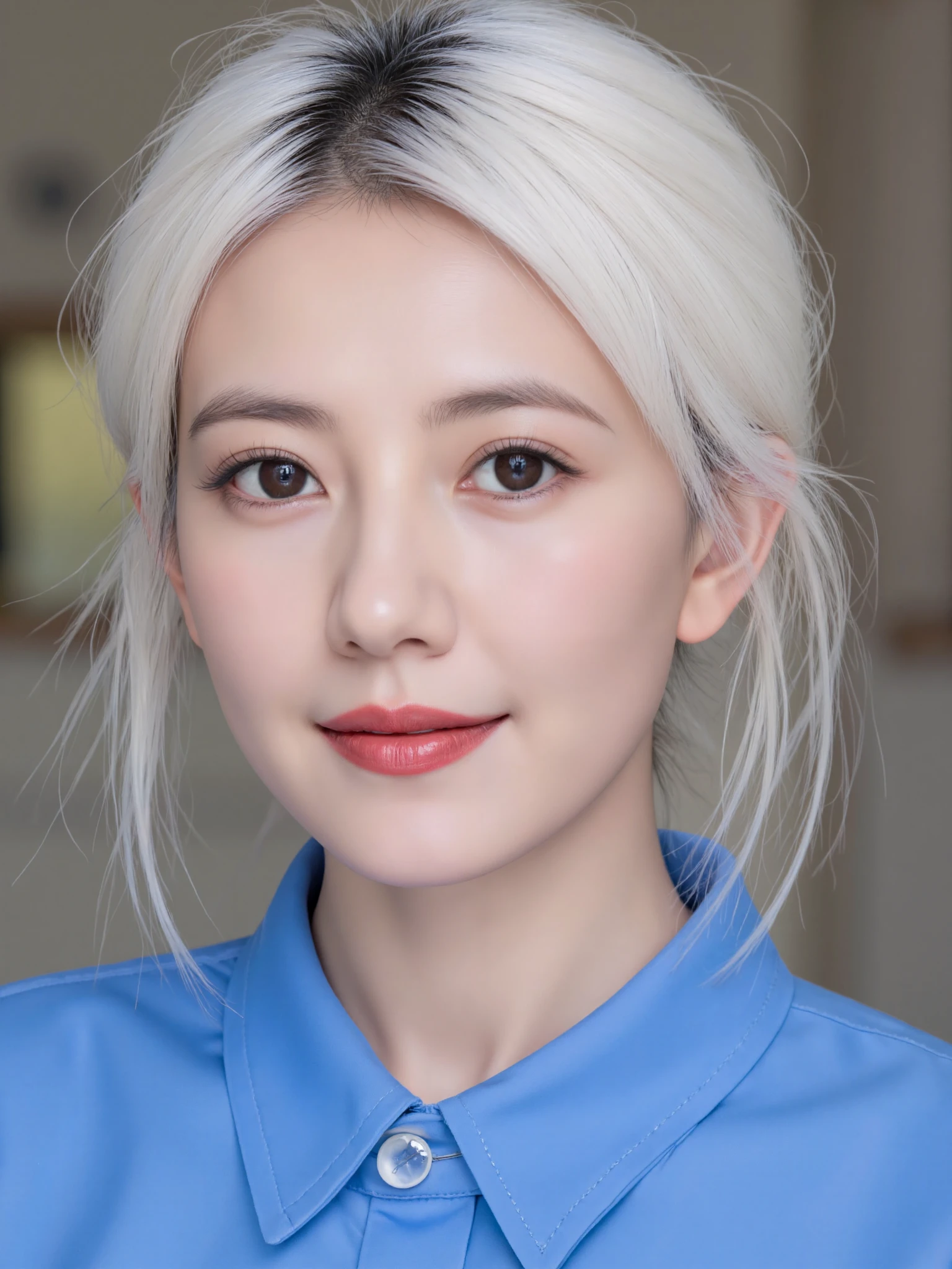 a woman, white hair, blue shirt, light smile, portrait, blurred background