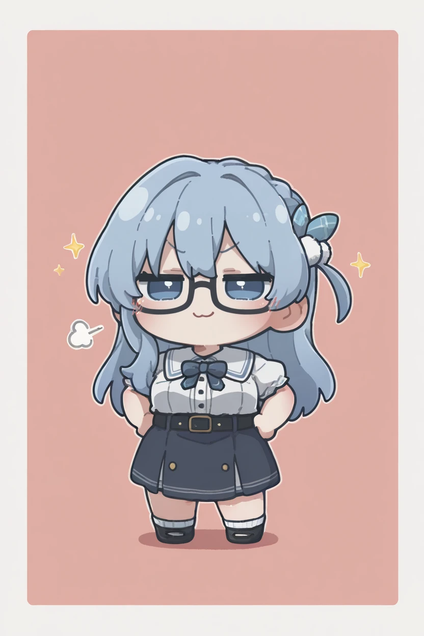 masterpiece, best quality, very aesthetic, newest, absurdres, highres,
1girl, solo,
<lora:MaruyamaAkaneIllustriousV1:1> maruyamaakane, blue hair, long hair, blue eyes, glasses, single braid, hair ornament,
sparkle, happy, smug, =3, hands on hips, puff of air, simple background, outside border,
<lora:Arikuigames1105IllustriousV1:1> arikuigames1105, chibi, full body