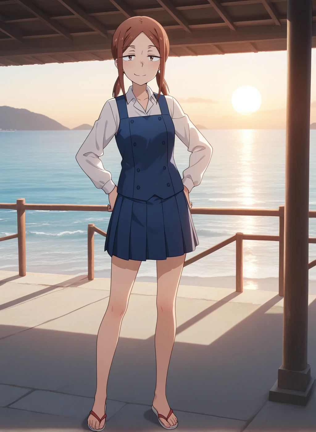 High quality,Ultra detailed,best quality,insanely detailed,beautiful,perfect lighting,masterpiece,highres,absurdres,very aesthetic,very awa,sensitive BREAK
<lora:kuroiwa_yuuki_V1_IL:1>,(kuroiwa yuuki, houkago teibou nisshi, brown hair, brown eyes, medium hair,low twintails, sidelocks),(intermediate uniform,white shirt,collared shirt,long sleeves, blue vest,blue skirt, pleated skirt, barefoot,sandals),1girl,solo,smirk,looking_at_viewer,posing,full body,day,outdoors,sea,