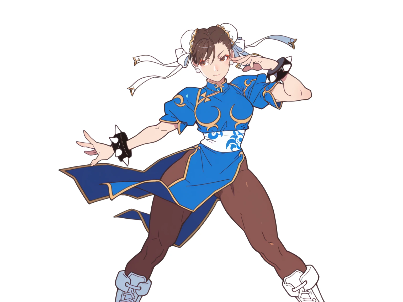 <lora:chun-li_illust_scarxzys:0.8>, 
chun-li, brown eyes, brown hair, hair ribbon, bun cover, earrings, hair bun, eyeshadow, makeup, jewelry,
blue dress, unitard, toned, spikes, cross-laced footwear, pelvic curtain, bracelet, spiked bracelet, puffy sleeves, boots, china dress, pantyhose, chinese clothes,
standing,
upper body,
solo,
simple background, white background,
, [5 fingers], monogatari, <lora:MonogatariIL:0.9>, masterpiece, best quality, absurdres, flat color