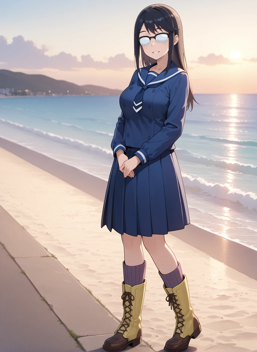 High quality,Ultra detailed,best quality,insanely detailed,beautiful,perfect lighting,masterpiece,highres,absurdres,very aesthetic,very awa,sensitive BREAK
<lora:oono_makoto_V1_IL:1>,(oono makoto, houkago teibou nisshi, black hair, long hair,medium breasts, opaque glasses),(winter uniform,necktie, sailor collar,serafuku,blue shirt,long sleeves, blue skirt, pleated skirt, socks,boots),1girl,solo,smile,parted lips,looking_at_viewer,posing,full body,day,outdoors,sea,