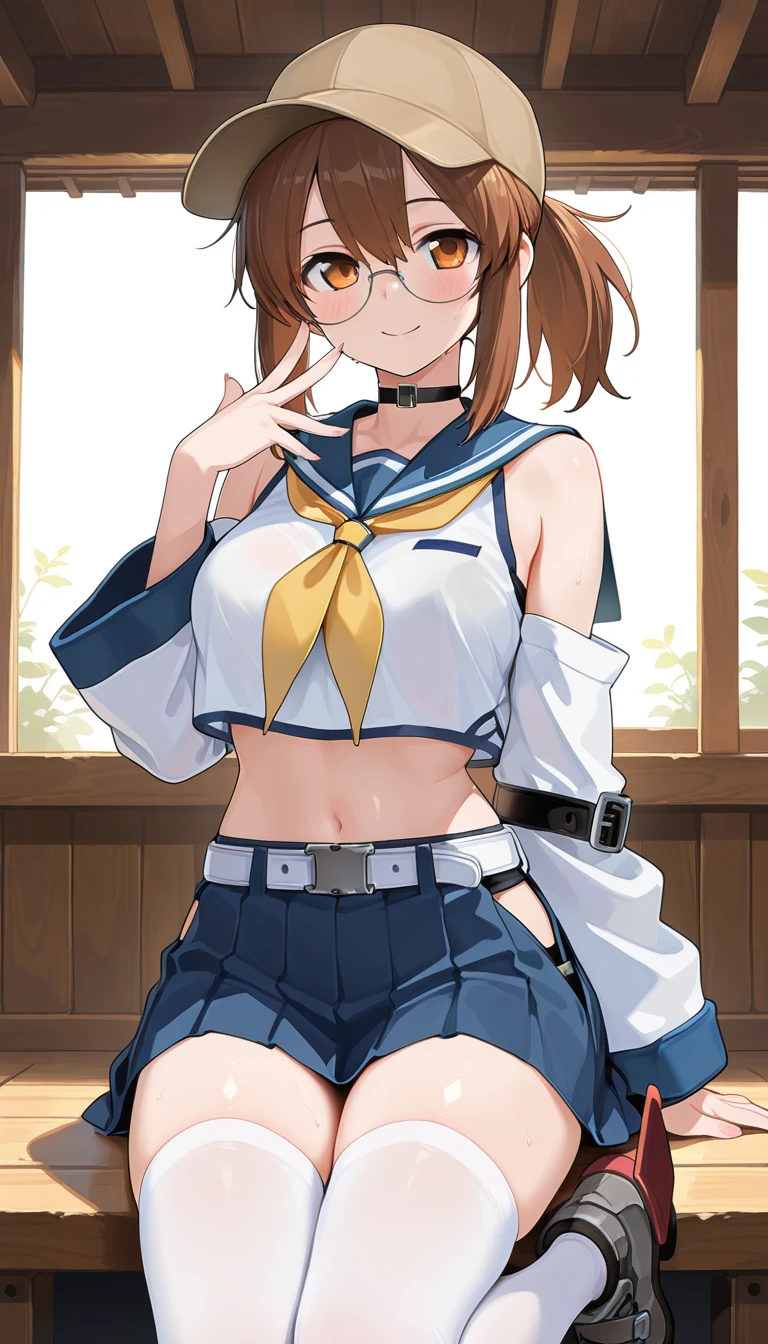 (masterpiece),best quality,amazing quality,very aesthetic,absurdres,newest,perfect body,shiny skin,perfect eyes,detail1eye,well-defined fingers,well-defined fingernails,anime style,indoors,1girl,solo,upper body,(portrait:1.5),looking at viewer,facing viewer,smile,blush,Ayanami uniform,Fio Germi,baseball cap,brown headwear,beige hat,long hair,brown hair,ponytail,sidelocks,brown eyes,bangs,round eyewear,school uniform,black choker,bare shoulders,blue sailor collar,white shirt,sleeveless shirt,crop top,yellow neckerchief,detached sleeves,long sleeves,wide sleeves,breasts,navel,stomach,white belt,miniskirt,blue skirt,pleated skirt,white thighhighs,zettai ryouiki,rudder footwear,<lora:Fio Germi(ms)-Illus:1.8>,<lora:Ayanami uniform(azur)-Illus:1.6>,
