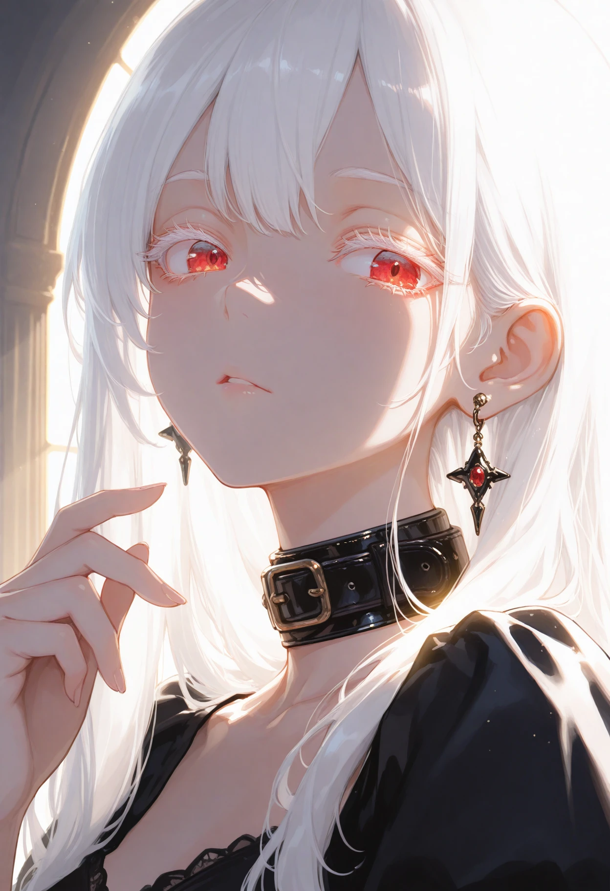 1girl, earrings, masterpiece, black collar, black dress, hand up, jewelry, white hair, long hair, portrait, colored eyelashes, backlighting, red eyes, head