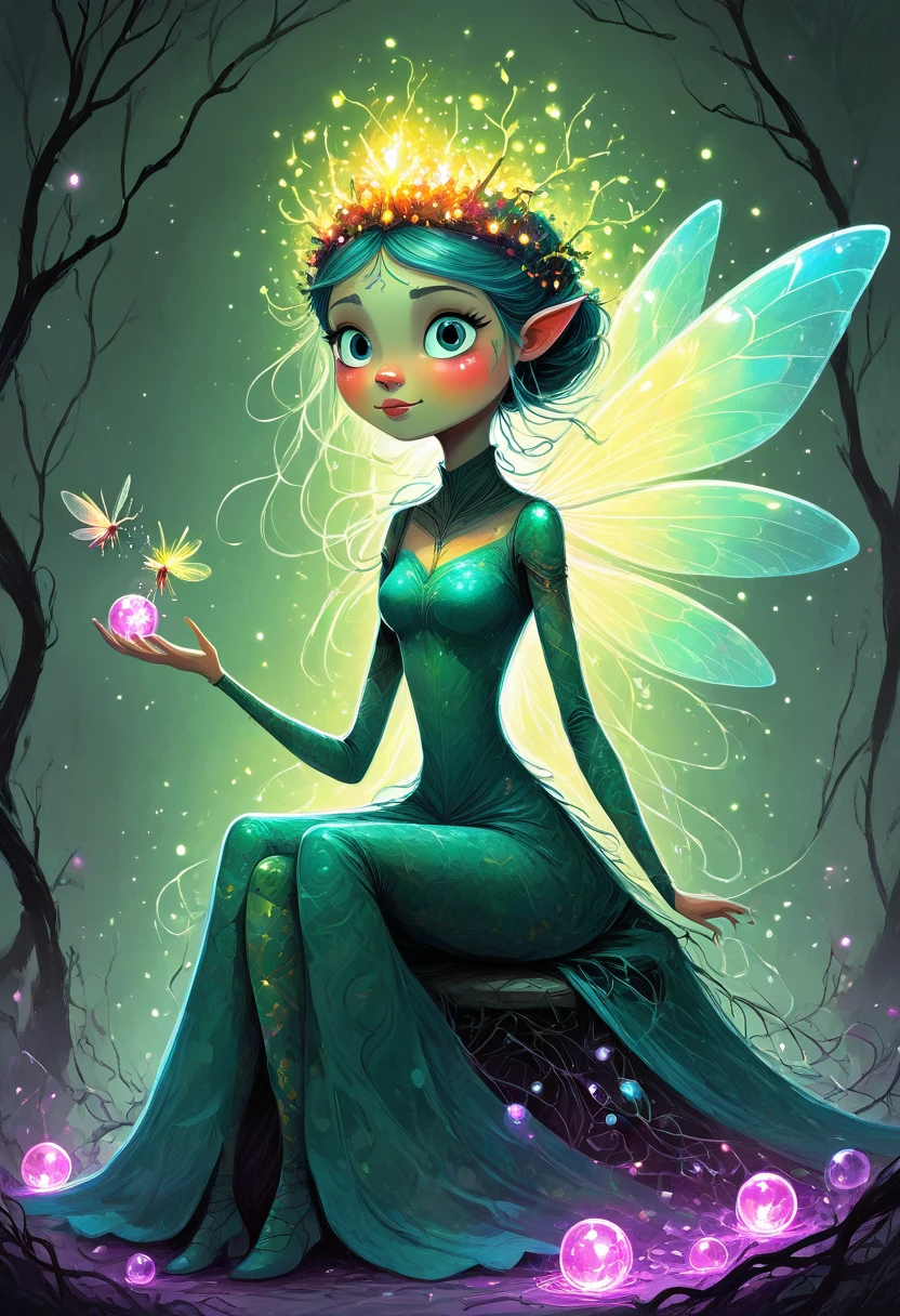 WackyScratchDaal , Illustration of a A mischievous fairy princess with iridescent dragonfly wings, sitting atop a throne made of tangled vines and glowing gemstones. Her gown shimmers with colors that change depending on the angle of light, and she holds a tiny glass orb containing a swirling miniature storm. Her expression is both playful and dangerous, hinting at hidden power. Highly detailed fantasy portrait with intricate lighting effects.