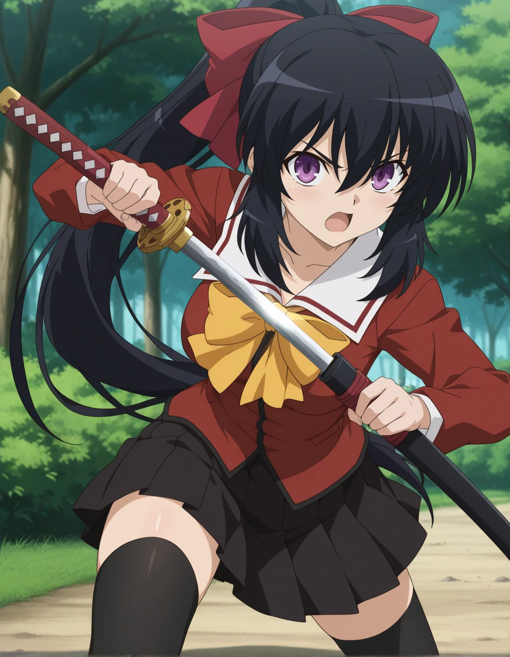 general, masterpiece, best quality, amazing quality, very aesthetic, absurdres,anime coloring, <lora:OmahimaCastStyle40r64:0.8>, 1girl, noiharahimari, purple eyes, black hair, thick bangs between eyes, shoulder-length tapered sidelocks, high ponytail tied with a big red hair bow, school uniform, red blouse, sailor collar with red trim, long sleeves, big yellow bow on blouse, pleated black skirt, black thighhighs, nature, trees, action scene, holding katana, determined, looking at viewer, incoming attack, open mouth, unsheathing,