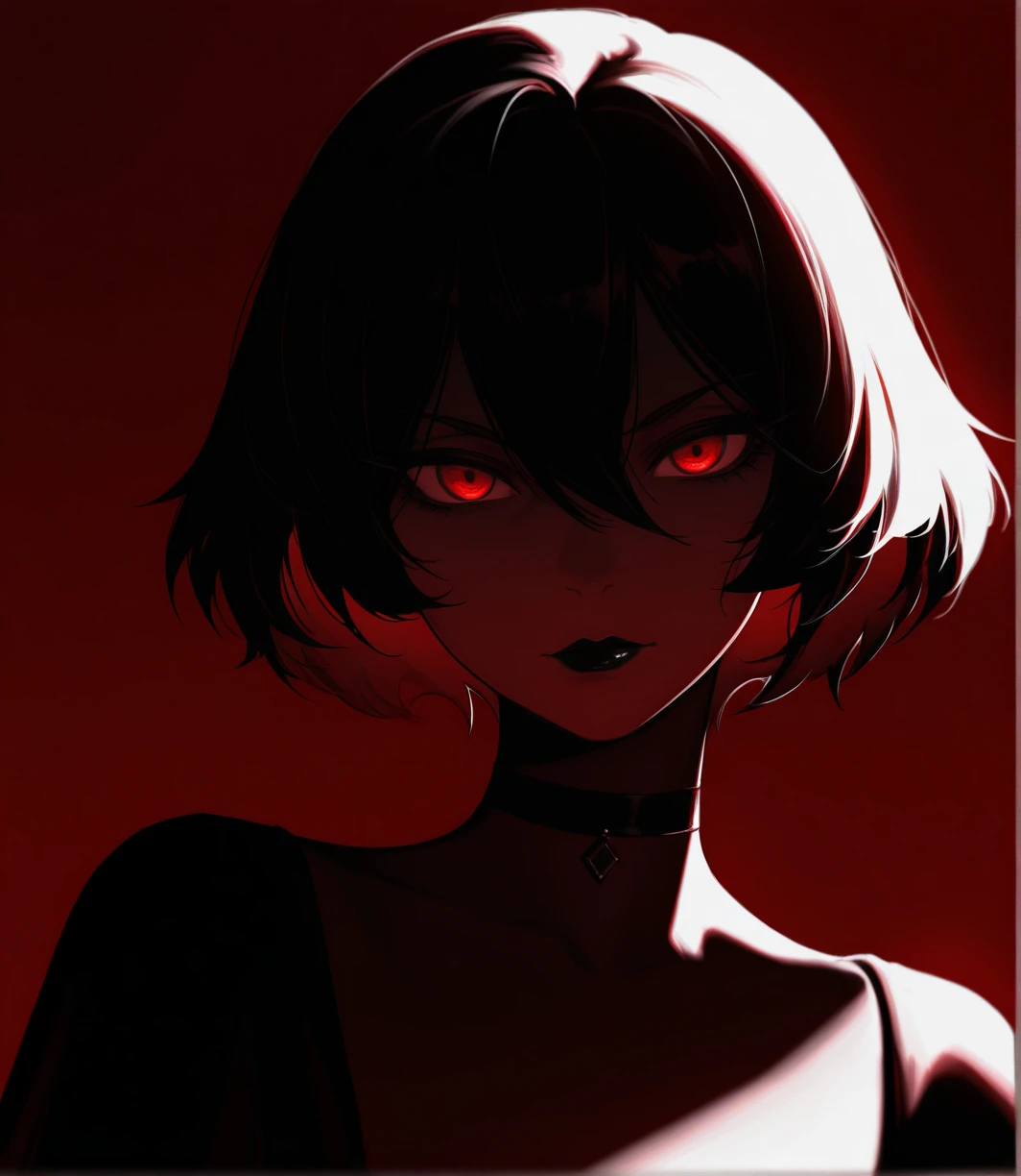 masterwork, masterwork, Dramatic light, harsh shadows, dark ambiance, vivid colors, light and shadows, high detailed face, illustration, <lora:oc-style-IL:1>, oc-style, 1girl, solo, looking at viewer, short hair, simple background, red eyes, hair between eyes, upper body, choker, black choker, red background, black lips, high quality, masterpiece