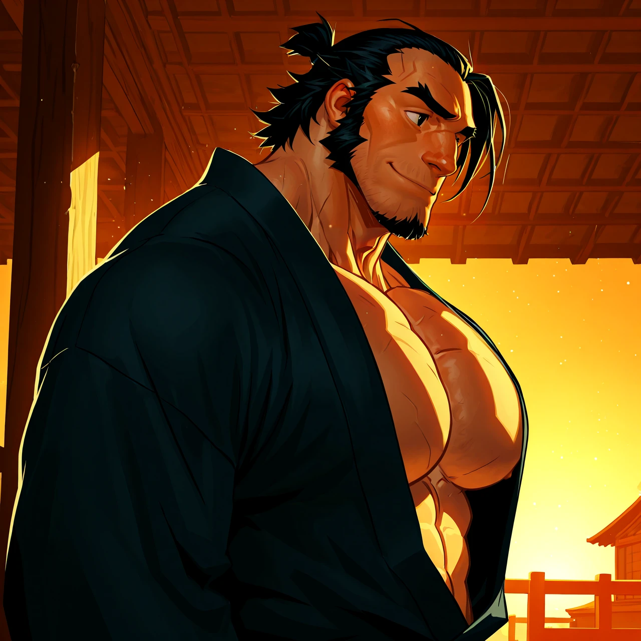 (Smooth Quality:1.3), male focus, western, detailed face, detailed body, detailed background, perfect anatomy, masterpiece, absurdres, interesting, fascinating, intriguing, high quality, best quality, 1boy, male focus, (solo), 1boy, (bara:1.2), dark hair, masculine, muscular, abs, serratus muscles, broad shoulders tapering to narrow waist, loose open kimono, bodybuilder, huge pecs, thick muscle mass, charismatic, shy smile, seductive, strolling, dynamic pose, dynamic angle, (traditional japanese house:1.3), sunset, orange tint, flat colors, low contrast, well-lit <lora:Njay_Illustrious:1>