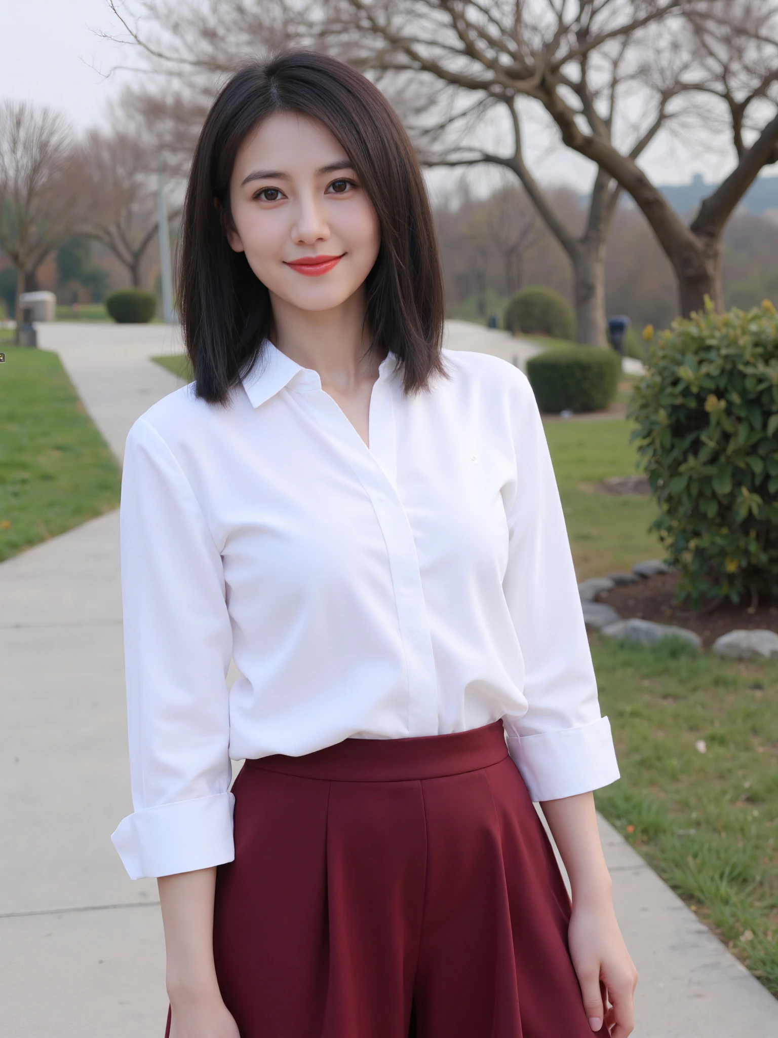 This is a high-resolution photograph featuring a young Asian woman standing outdoors in a garden-like setting. The image is taken from a slightly low angle, emphasizing her height and the elegance of her posture. She has straight, shoulder-length black hair and a radiant, warm smile. She is dressed in a white blouse with three-quarter sleeves and a high-waisted, deep red skirt that flares slightly at the bottom, creating a striking contrast with her blouse. The blouse has a subtle sheen, adding texture to her outfit.
The background is softly blurred, ensuring the focus remains on the subject. It features a pathway, a few leafless trees, and some greenery, giving a serene, natural ambiance. The lighting is natural and soft, likely taken during the daytime, casting a gentle glow on her face and enhancing the details of her attire. The composition follows the rule of thirds, with the woman positioned off-center to the right, creating a balanced and dynamic visual. The photograph captures a moment of casual elegance and grace.