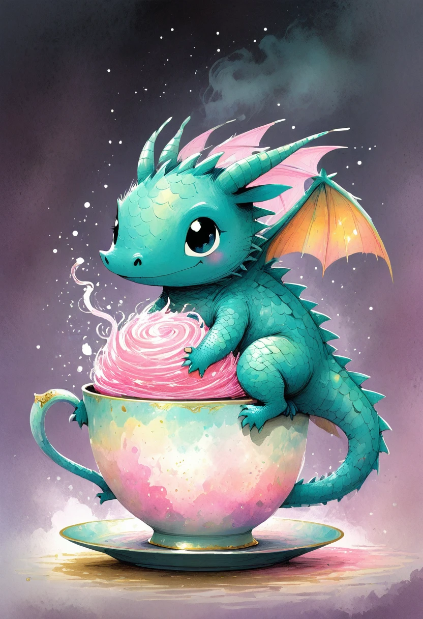 WackyScratchDaal , Illustration of a A tiny fluffy dragon curled up inside a teacup, its tail dangling over the rim. The dragon has iridescent pastel scales that shimmer in pink, blue, and gold. Steam rises from the tea, forming playful ghostly shapes above its head. The background is a soft, dreamy watercolor blend. Highly detailed, illustrated storybook style.