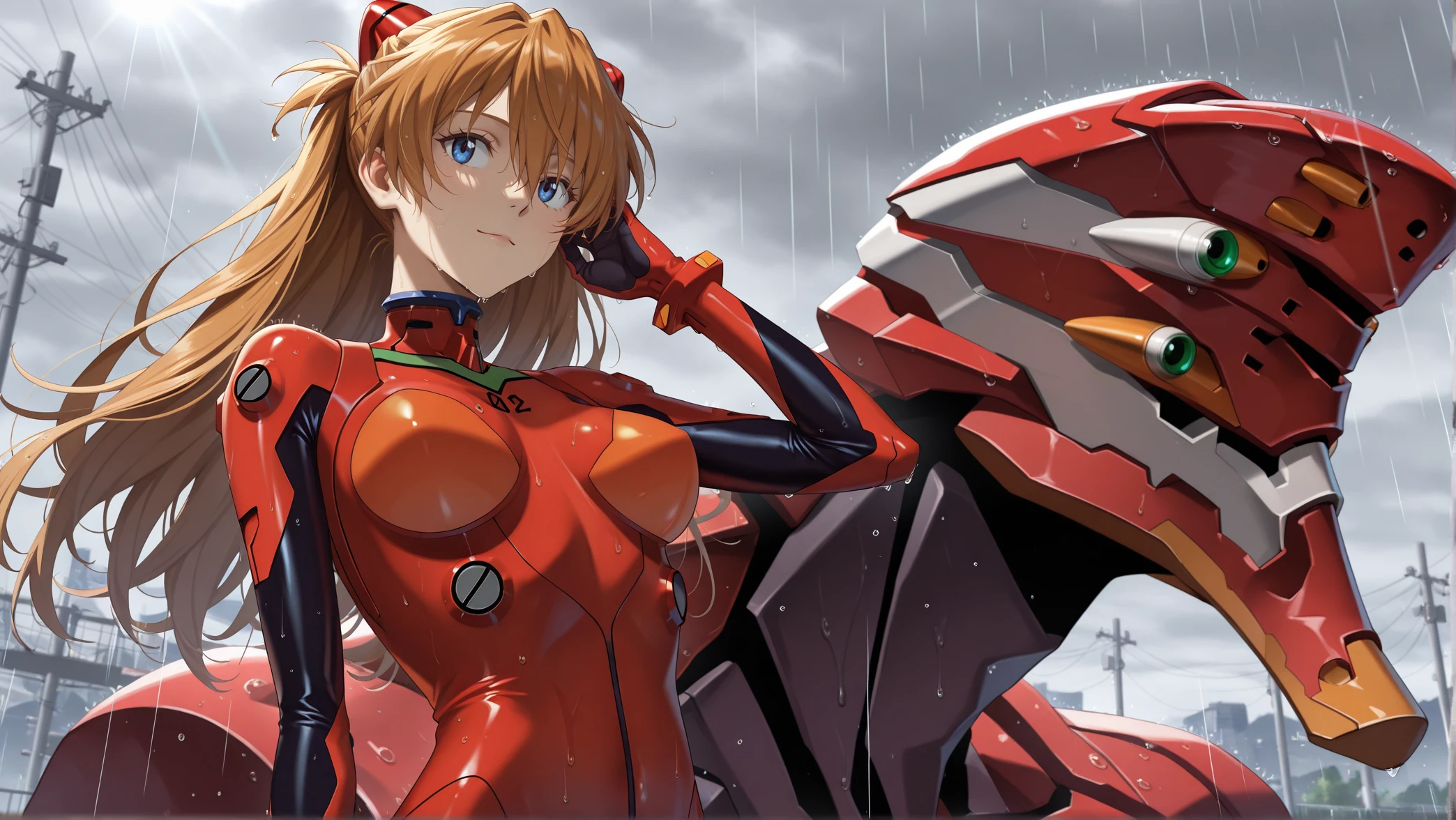 (masterpiece,best quality,amazing quality:1.2),very aesthetic,absurdres,highres,newest, ray tracing, <lora:dark:0.6>, 8k, souryuu_asuka_langley, bodysuit, solo, upper-body, detailed background, facing_up, wet, head up, grey sky, rain, light smile,blurry background,outdoor,day,sunlight,windy,epic,dutch angle, neon genesis evangelion, depth of field, <lora:Eva_02:1>, eva_02 background,