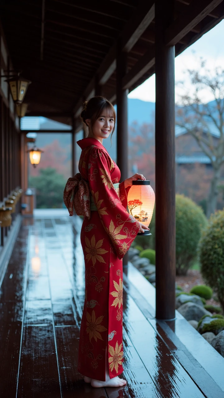 A woman in a deep red maple leaf patterned kimono stands elegantly on the austere veranda. The kimono is woven with fine satin, the base color is deep red, embroidered with maple leaves of varying sizes, the leaves gradually change from gold to deep red, presenting the layered look unique to autumn. A wide obi belt woven with gold threads is tied in an elaborate double drum knot at the waist, the golden threads on the belt glisten delicately in the light.
She turns slightly and looks back, a faint smile on her lips, her gaze soft and gentle. Her hair is tied up in a high bun, secured with a gold hairpin inlaid with a red ruby, a few strands of hair naturally fall along her neck. She lightly holds a traditional Japanese paper lantern, the lantern is painted with a delicate ink landscape, the candlelight inside casts a faint reflection of the pattern, emitting a warm, soft glow in the twilight after the rain.
The dark wooden floor of the veranda appears particularly lustrous from the rain, reflecting the warm light of the lantern, forming long, slender bands of light. The sturdy, plain columns display the wood grain clearly, showing the marks of time. A few bronze wind chimes hang under the eaves, chiming softly in the gentle breeze.
The background is a traditional Japanese garden after the rain, the air fresh and moist, with a few moss-covered stepping stones in the foreground, and the maple trees in the distance faintly visible in the twilight, with glistening raindrops still on the leaves. The sky is a deep, varied indigo, with a few remaining streaks of sunset gilding the clouds.
The photographer uses a wide-angle lens to fully showcase the harmonious integration of the long veranda structure of the Japanese architecture and the figure. The composition highlights the horizontal lines of the architecture while creating visual balance through the vertical lines of the columns. The lighting is meticulously handled, the warm glow of the lantern contrasting sharply with the cool tones of the twilight, creating a profound and cozy atmosphere. The entire scene embodies the minimalist beauty of traditional Japanese architecture, while also conveying the refined and elegant aesthetics of the kimono culture through the graceful pose of the figure.