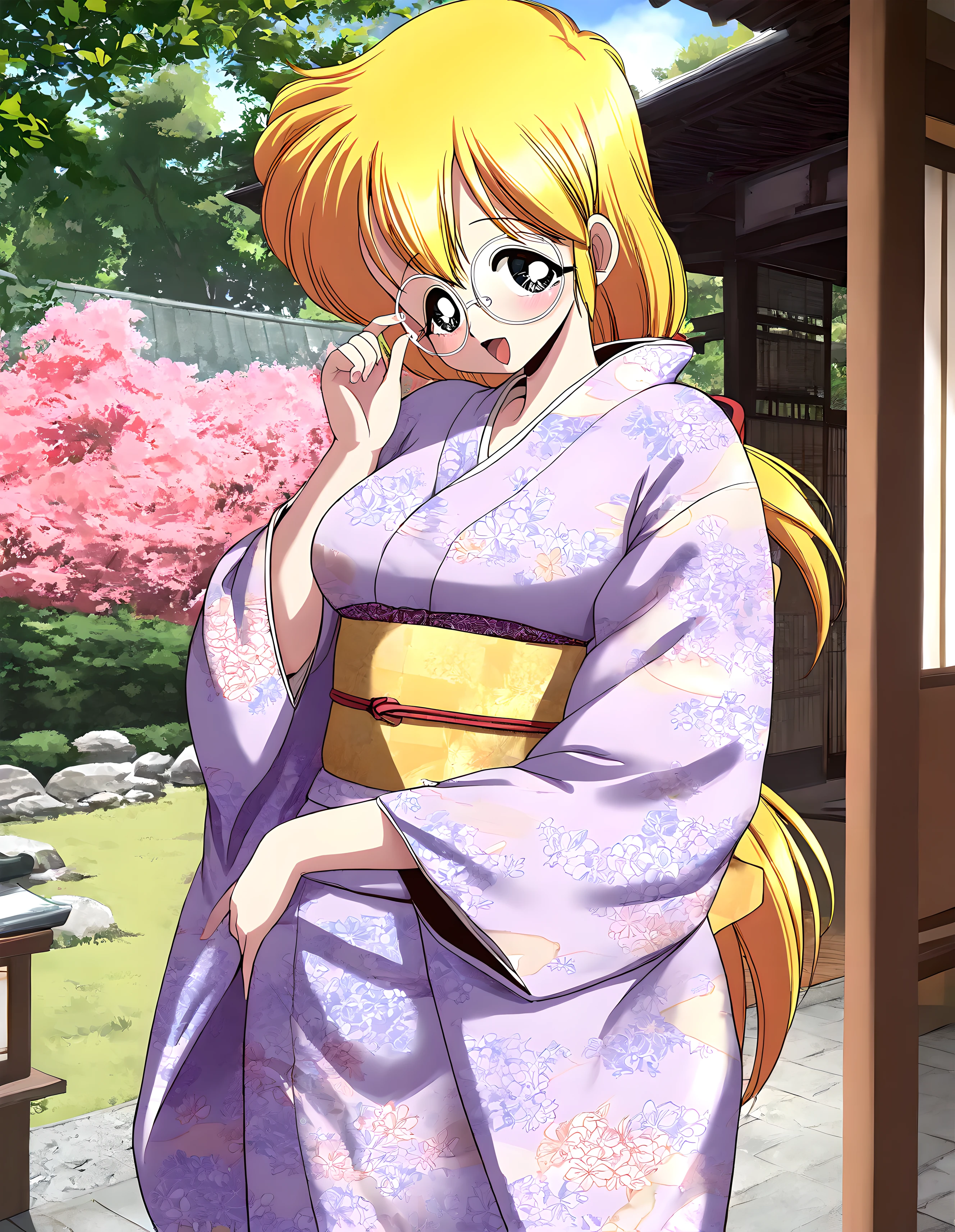 <lora:illustrious_XL_runa>,runa,masterpiece,best quality,good quality,1girl,solo,round_eyewear,japanese garden,print_kimono,standing,cowboy_shot,smile,laughing,