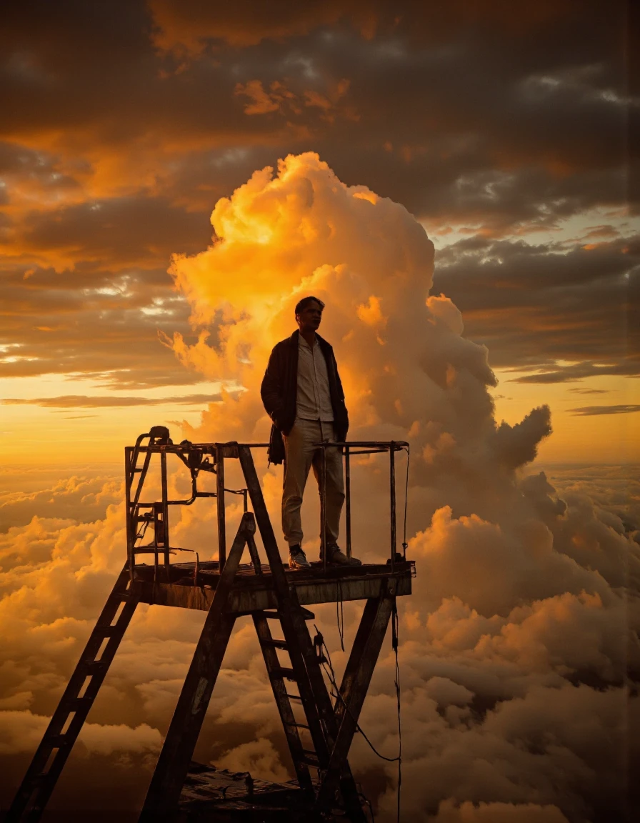 Art by Ronan Le Fur. A photo-realistic shoot from a bird's eye view about a silhouette of a person standing on a ladder against a dramatic sunset backdrop, looking up at a large, fluffy cloud. the image also shows dramatic clouds and a distant horizon. on the middle of the image, a man, who appears to be in his mid-twenties, is standing on the ladder, facing away from the viewer. he is wearing a white shirt, pants, shoes, and a jacket. he has a serious expression on his face. the ladder is made of metal and has a railing on each side. the man is positioned at the top of the ladder and is looking out over the clouds below. the sky is filled with vibrant orange and yellow hues, and the clouds are scattered throughout the image. the overall mood is dramatic and moody, with a sense of depth and perspective.