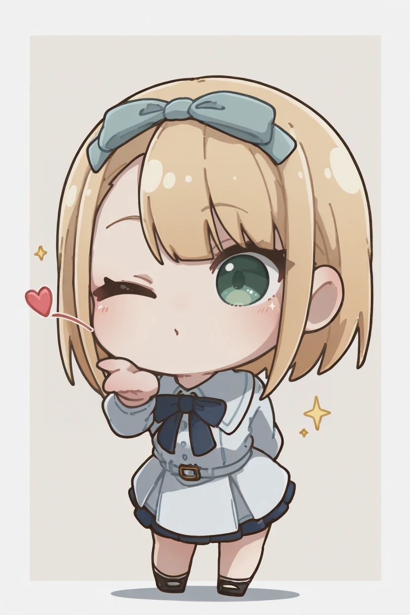 masterpiece, best quality, very aesthetic, newest, absurdres, highres,
1girl, solo,
<lora:SaitoNicoleIllustriousV1:1> saitonicole, blonde hair, short hair, asymmetrical bangs, green eyes, bow hairband,
sparkle, happy, blowing kiss, one eye closed, simple background, outside border,
<lora:Arikuigames1105IllustriousV1:1> arikuigames1105, chibi, full body