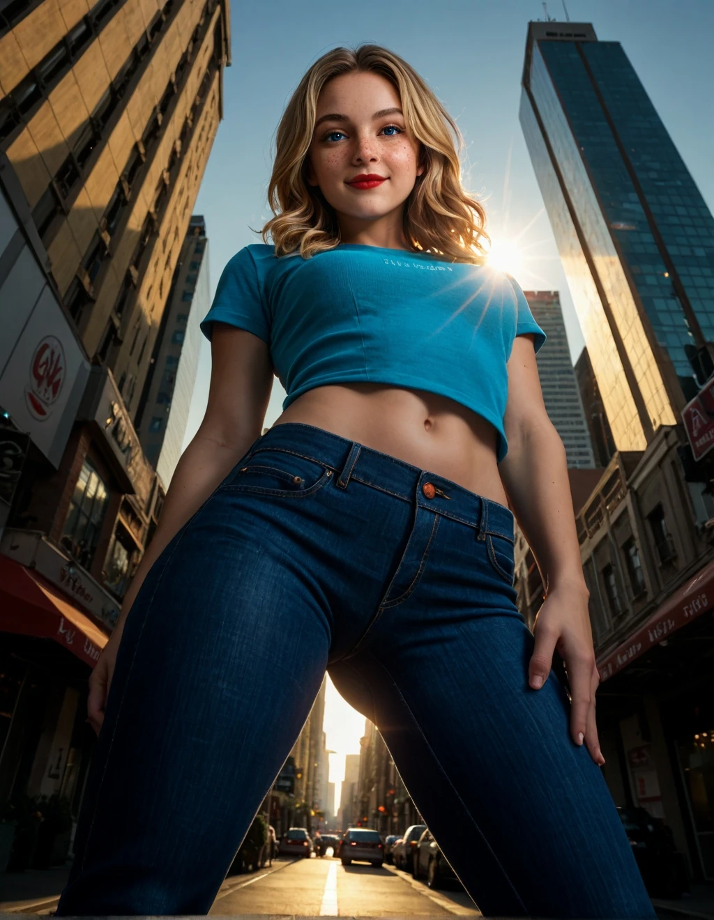 Giant girl sitting in the city, Bigger than buildings, shrinking people, Look down, Blue hair, Real person, perfect full HD face, GTS, smiling face, Belly,