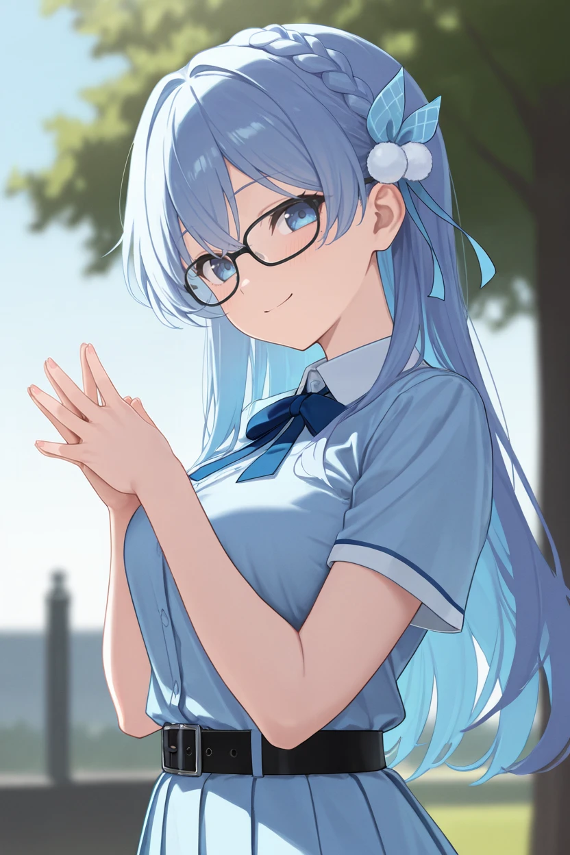 masterpiece, best quality, very aesthetic, newest, absurdres, highres,
1girl, solo,
 <lora:MaruyamaAkaneIllustriousV1:1> maruyamaakane, blue hair, long hair, blue eyes, glasses, single braid, hair ornament,
belt buckle, black belt, blue dress, blue neckwear, blue ribbon, bow, diffraction spikes, pleated dress, ribbon, short sleeves,
upper body, looking at viewer, smile, own hands together, blurry background, outdoors,