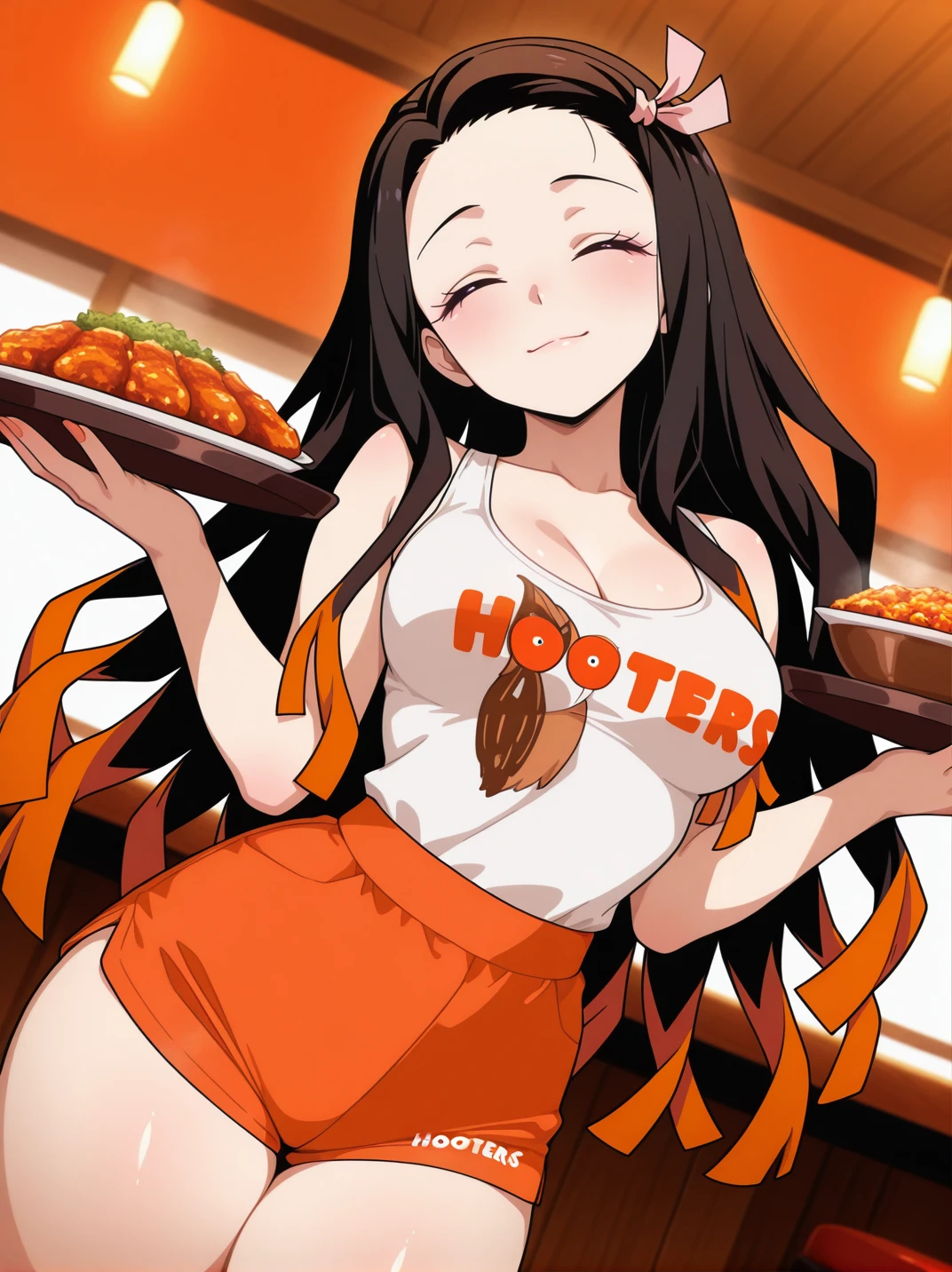 highres, hi res, best quality, masterpiece,, anime coloring,
1girl, (kamado nezuko:1.1), medium breasts, thick thighs, narrow waist, HootersUniform, employee uniform, short shorts, orange shorts, tank top, white shirt, cleavage, light smile, closed eyes, 
light smile, dutch angle, naughty pose, looking at viewer, restaurant, solo, holding tray with hot food, portrait, dynamic pose, cowboy shot, head tilt,,
<lora:ATRex_style-15:0.5>, <lora:illustriousXL_stabilizer_v1.7:0.4>,,  <lora:AHootersUniformXL_Concept-10:0.85>