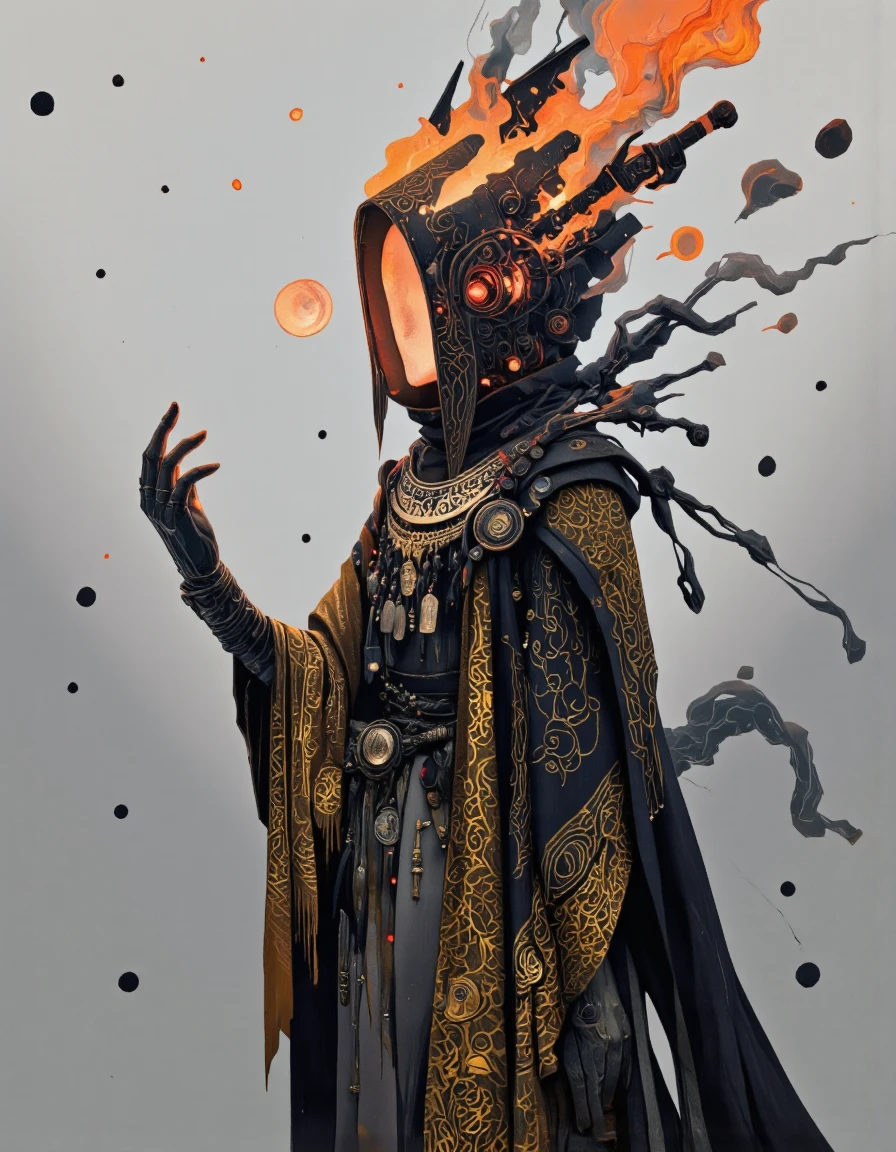 Art by Alexey Egorov. A digital illustration shoot from a frontal camera angle about a mysterious figure in a dark, hooded cloak with intricate patterns and glowing elements, interacting with a glowing orb in the air. the image also shows a stylized, stylized character with glowing red eyes, wearing a black and gold patterned cloak, standing in the middle of the image. the character appears to be a male, with a slim body, facing the viewer and looking directly at them. on the upper body of the character, there is a glowing orange light emanating from the hood of the cloak. the cloak is intricately designed with gold and black patterns, and it is adorned with various pendant ornaments. the background is a gradient of light grey with small black dots scattered throughout, giving the image a sci-fi, cyberpunk aesthetic. in the foreground, the character is standing with one hand raised, as if interacting with the glowing orb.