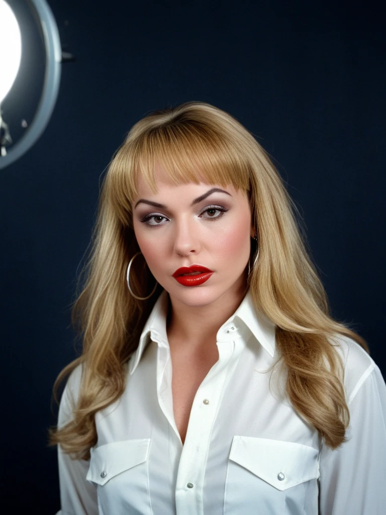 Dani3ll3Foxx, <lora:Dani3ll3Foxx-000009-sdxl:1> Danielle Foxxx, 1girl, solo, face focused, vintage photography, makeup, lipstick, big lips, blonde, long hair, photoshoot, aesthetic, collared shirt, solo, looking at viewer, studio lighting, focus, analog film, (ring light), film grain, best quality, photograph, focus, earring, couture, fashion, backdrop, ruins, 90s photograph