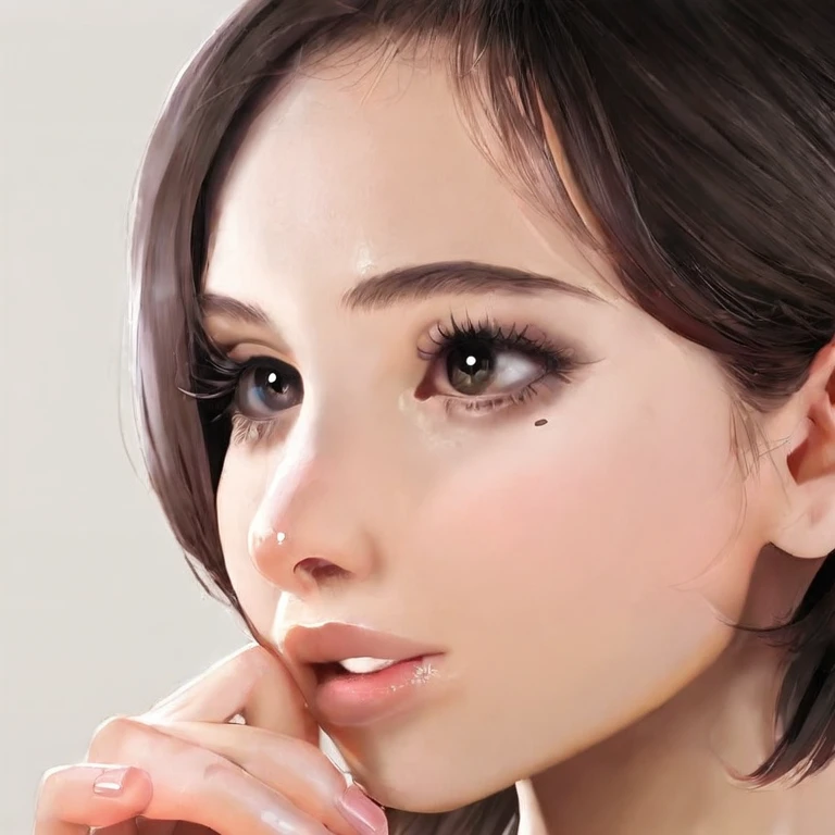 comic book art of <lora:oily shiny skin style v1:0.8>
closeup Oily skin tone of a young woman with a hand on her face, perfect image, perfect body, perfect anatomy, sharp image, detailed image, Kodak film, high quality photography, oily skin style, shiny skin style, solo, short hair, simple background, brown hair, parted lips, lips, eyelashes, portrait, close-up, nose, black hair, grey background, brown eyes, fingernails, mole, hand up, photorealistic, black eyes, hand on own face
, comic art, graphic novel illustration