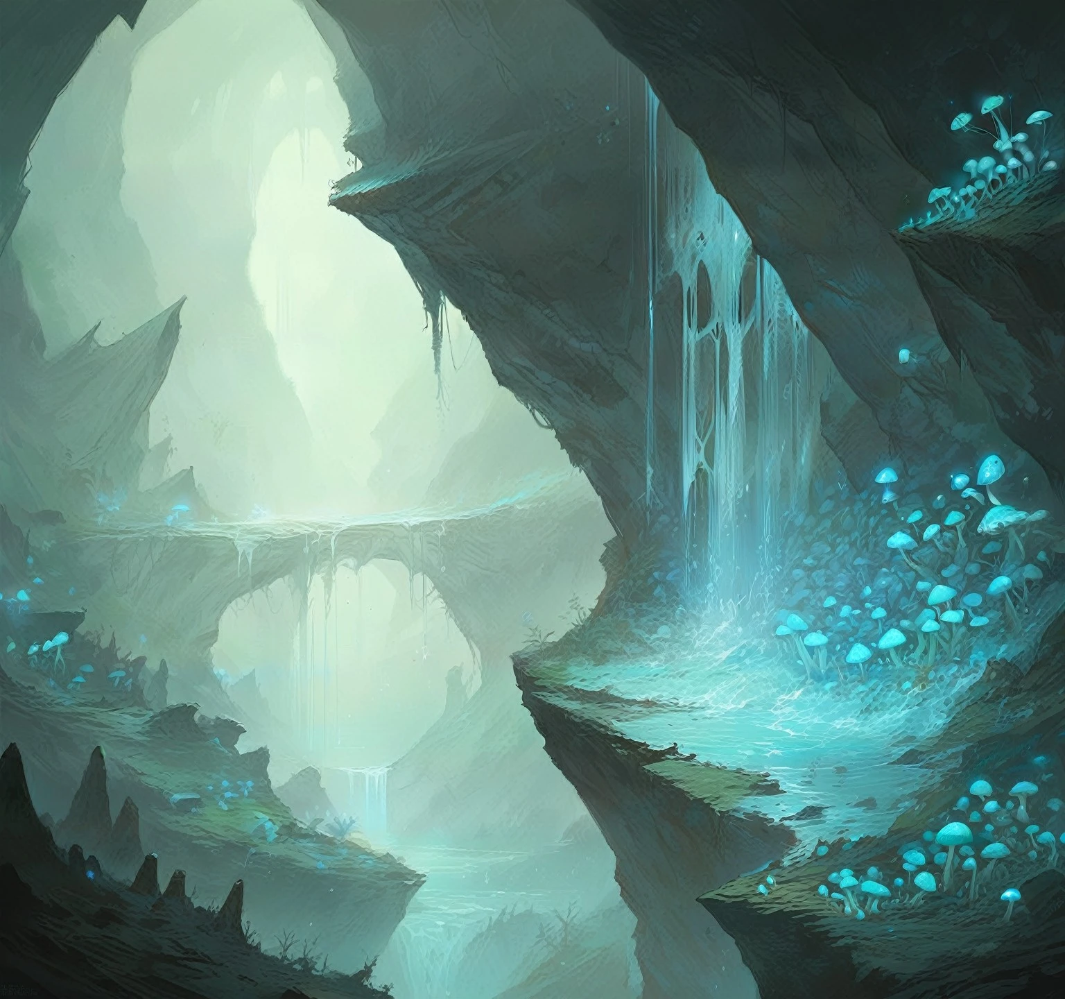 ((female focus)), 1girl, solo, ((close-up of orc barbarian milf standing on cliff)), side view, large breasts, leather armor, green skin, wide hips, dark theme, (realistic, ((underground ruins, ruins, cave, mushrooms, nature, water, buildings, blue theme, glowing mushrooms, dynamic angle))), detailed background, score_9, score_8, score_7, score_6_up,  expressiveh, <lora:Expressive_H:0.8> <lora:Undergroundruins:1> <lora:luis_royo_pony:0.45>