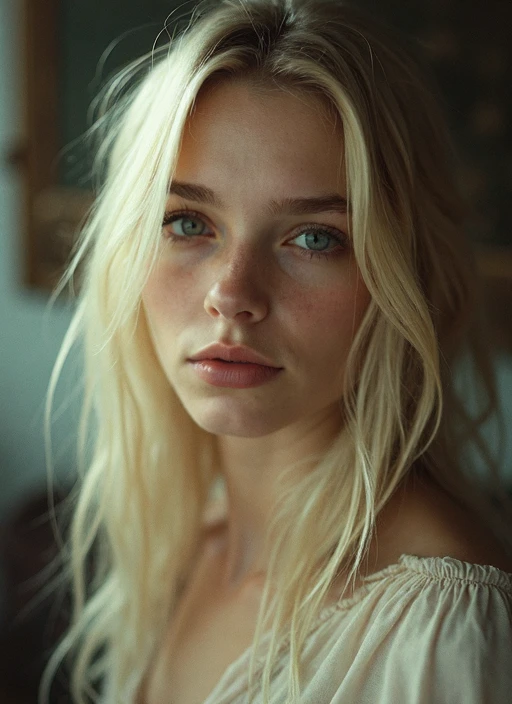 portrait of 1girl, in house, blonde, russian girl, RAW candid cinema, 16mm, color graded portra 400 film, remarkable color, ultra realistic, textured skin, remarkable detailed pupils, realistic dull skin noise, visible skin detail, skin fuzz, dry skin, shot with cinematic camera