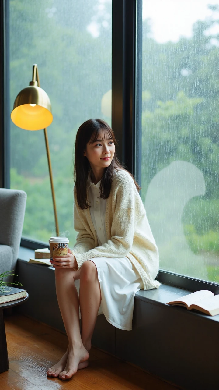 The model is wearing a loose-fitting white cotton shirt dress paired with a light beige knitted cardigan. The hem of the dress naturally flows and drapes down to the calves, creating a casual and relaxed vibe. Her slightly damp long hair falls naturally over her shoulders, with strands faintly carrying the misty air of post-rain, appearing soft and authentic. She either hugs herself while leaning against the window, gazing at the curtain of rain, sits cross-legged on the windowsill holding a steaming cup of coffee, or stands barefoot on the wooden floor, reaching out to touch the window glass. Her expression is calm with a hint of melancholy, her eyes gentle and profound, fully immersed in the unique sentimental and soft atmosphere of a rainy day, exuding a literary charm in her every gesture.
The setting is arranged in a minimalist interior space, with large floor-to-ceiling windows serving as a significant element of the scene. Outside the window is a dense curtain of rain, with droplets winding down the glass and tracing hazy water marks. The indoor lighting is soft and layered, with a brass floor lamp emitting a warm yellow glow. Near the window, there's a gray fabric sofa and a dark wooden coffee table, casually adorned with a few open books, a coffee cup, and some greenery. The overall scene employs a mix of cool and warm tones, emphasizing the texture of rainy days. The interplay of reflections on the glass and the refraction of raindrops creates a dreamy, misty visual effect, presenting a unique indoor ambiance for a rainy day.