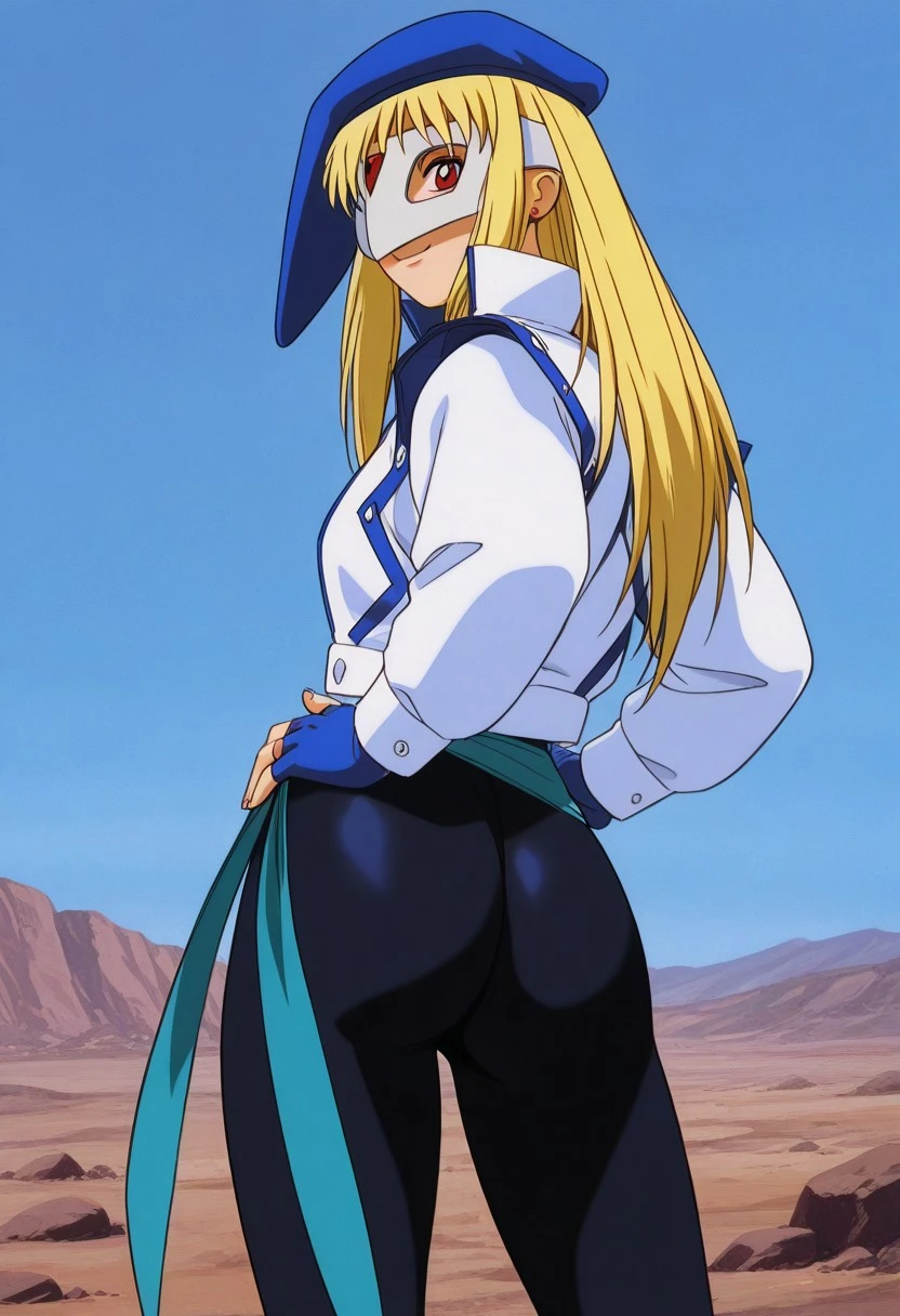 score_9, score_8_up, score_7_up, source_anime,masterpiece, best quality,  retro_artstyle,perfect_anatomy,1girl,Vega,solo,domino_mask,red_eyes,blonde_hair,blue_headwear,jacket,long_sleeves,fingerless_gloves,(detailed face and eyes,smile),(cowboy shot,hands on hip,ass,open stance:1.2),close to viewer,from behind,outdoor,sky