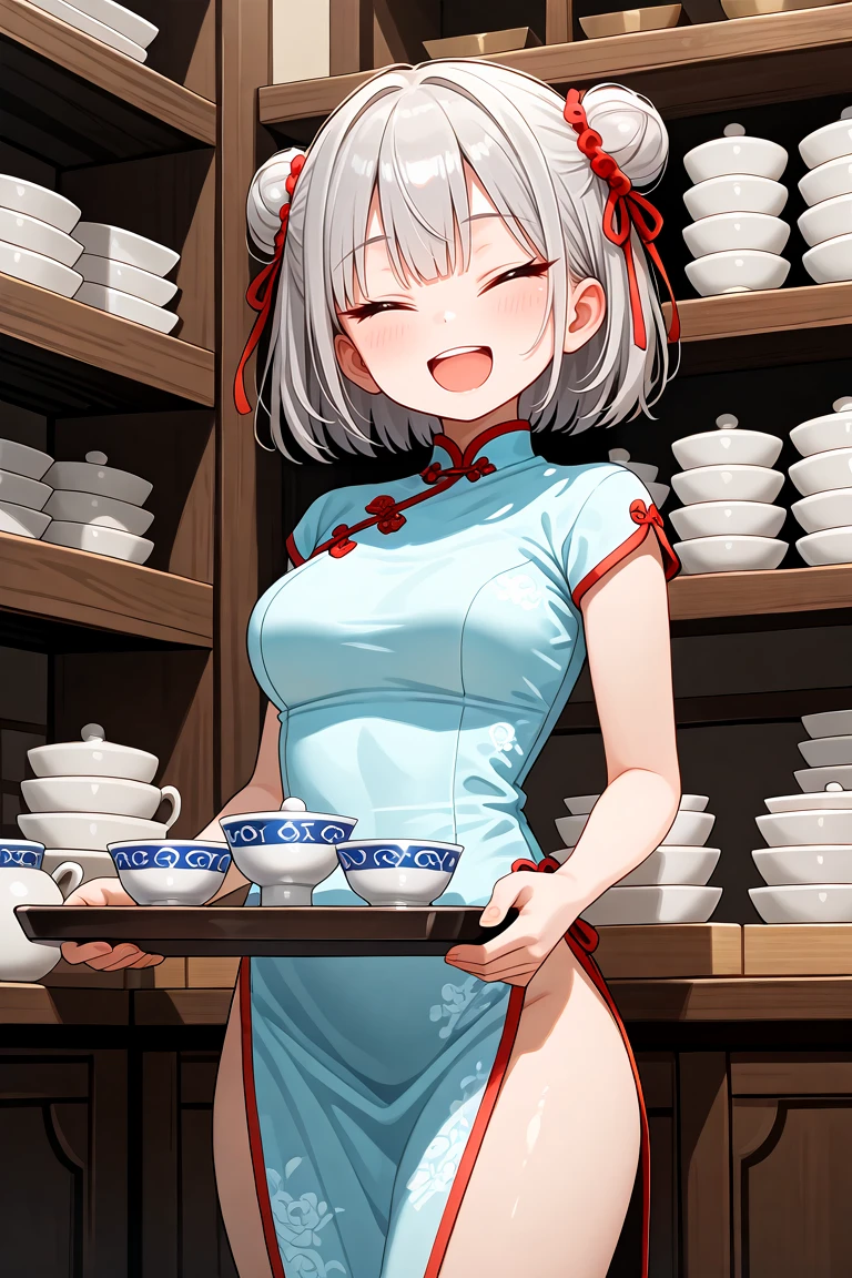 masterpiece, best quality, amazing quality, very aesthetic, absurdres,
cute round face, slender, detailed eyes, detailed hair, kawaii,
1girl, solo,
wearing chinese dress,
smile, open mouth, (closed eyes:1.3), (tsurime:1.2),
standing, holding tray with chinese cups, cowboy shot,
in chinese traditional shop, ultra detailed background,
,
grey hair, red eyes
<lora:hotarueye_xl_closed3_v10:1.75>