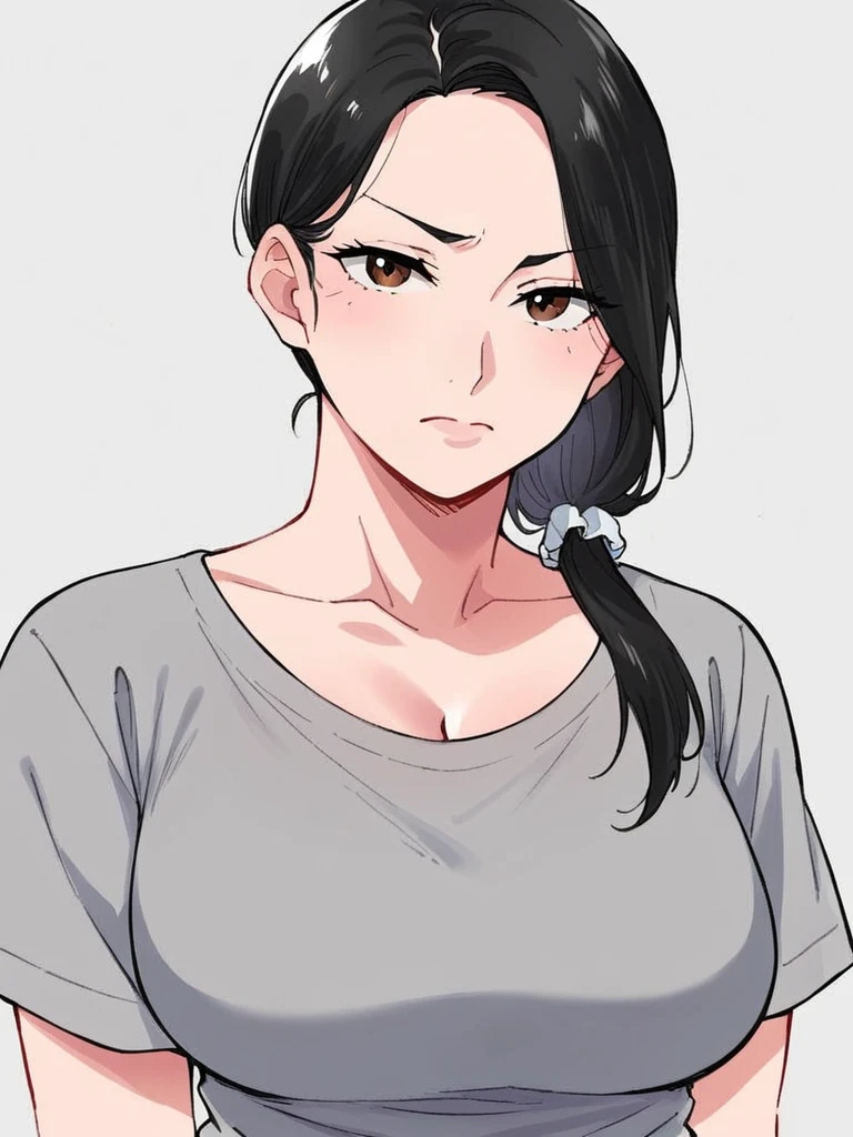score_9, score_8_up, score_7_up,  
1girl, michiko ak, mature female, black hair, large breasts, low-tied long hair, hair over shoulder, 
brown eyes,

frown, closed mouth, looking at viewer,

grey t-shirt, short sleeves, upper body, white backgorund, hand on own chest,